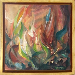 Energetic Essence. Abstract square painting in the wood gold frame