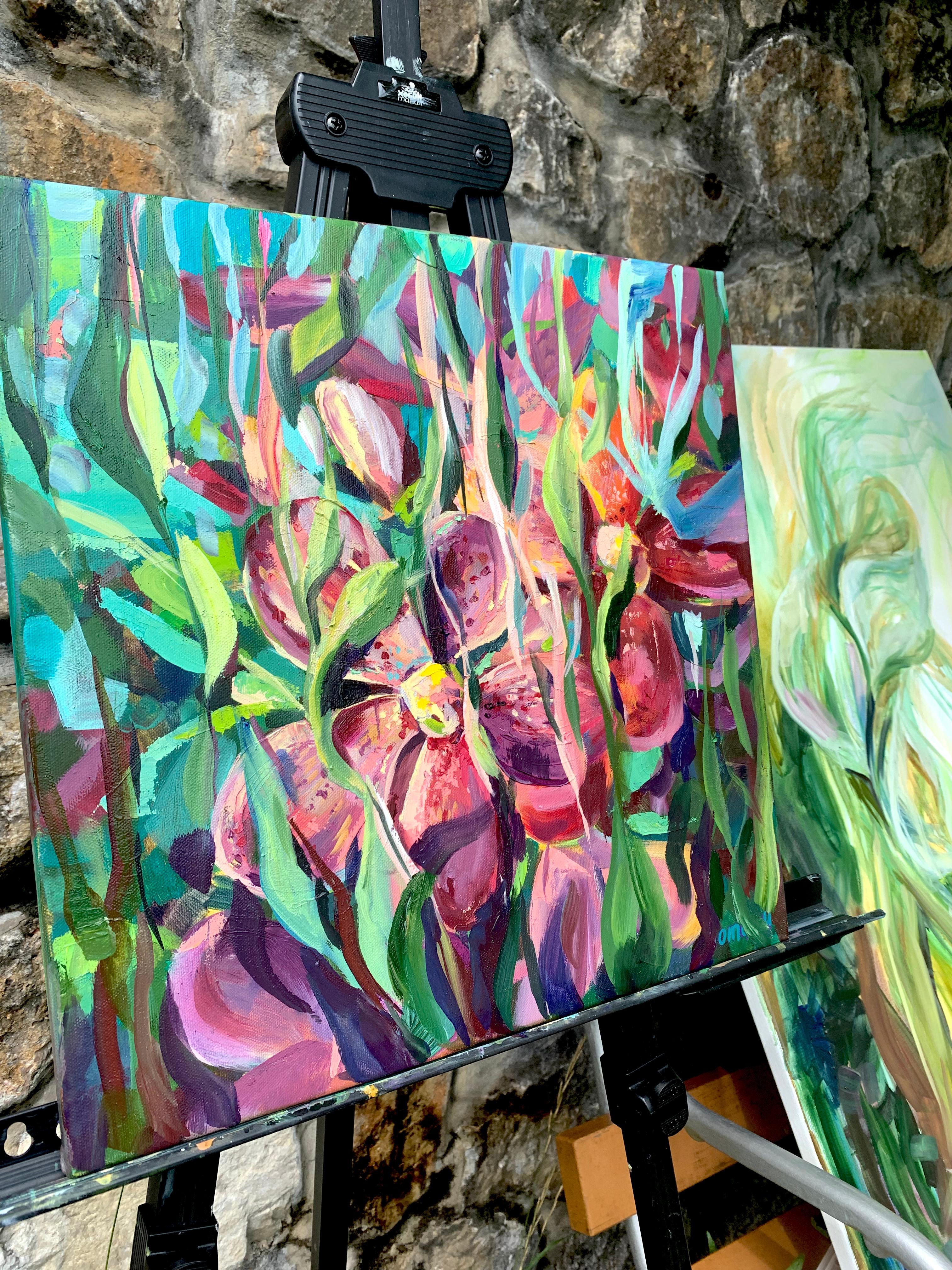 Bold pink and green colors of exotic flowers Orchids  in tropical garden.   
- Original oil painting
- 40x40 cm (15.8 x 15.8 inch)
- 0.6 inch thick galley wrapped painted edges - no framing necessary.
- wired, signed and ready to hang
Your painting