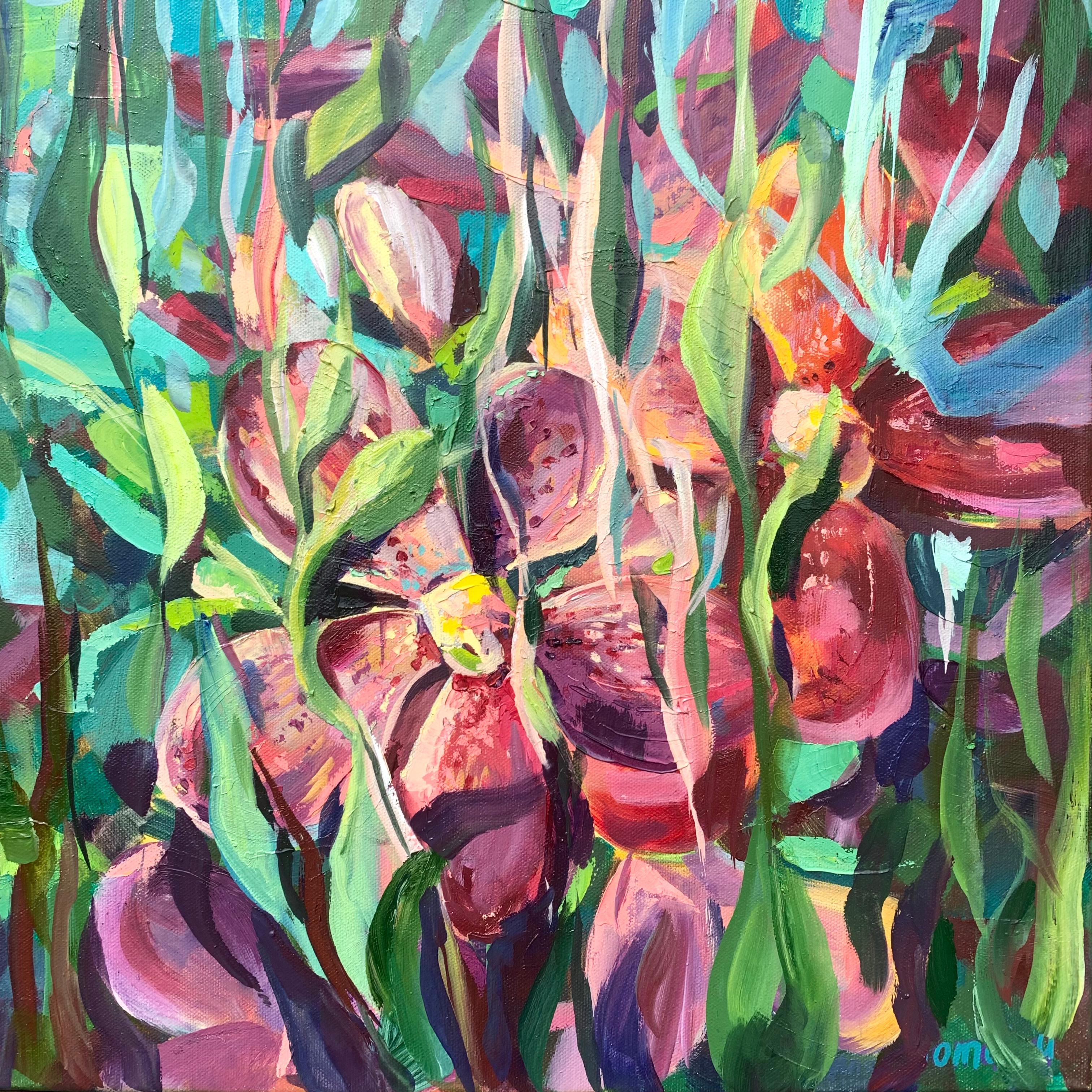Momalyu Liubov Abstract Painting – "Blume  Garten. Rosa Orchideen mit Blattwerk". Ölgemälde auf Leinwand. 