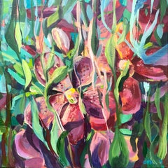 «Floral  garden. Pink Orchids with foliage". Oil painting on canvas. 