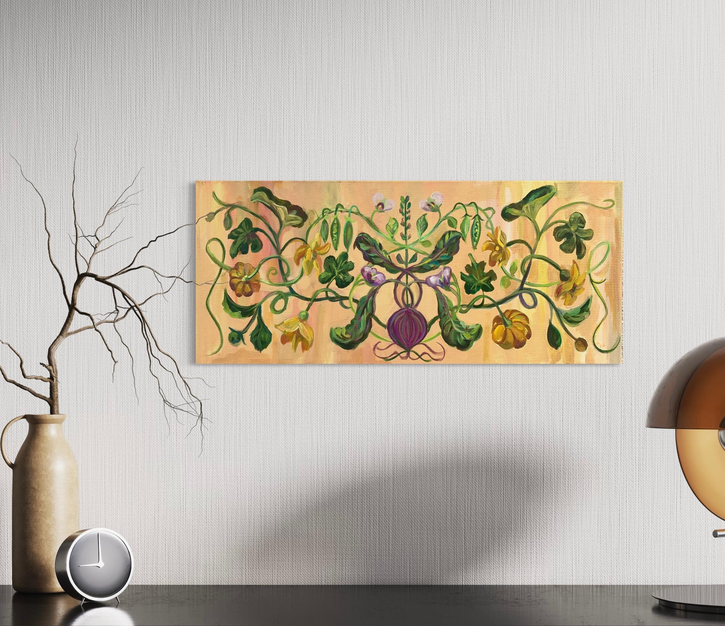 Exquisite ornament of climbing plants. in vintage style, beige colors. oil paint For Sale 1
