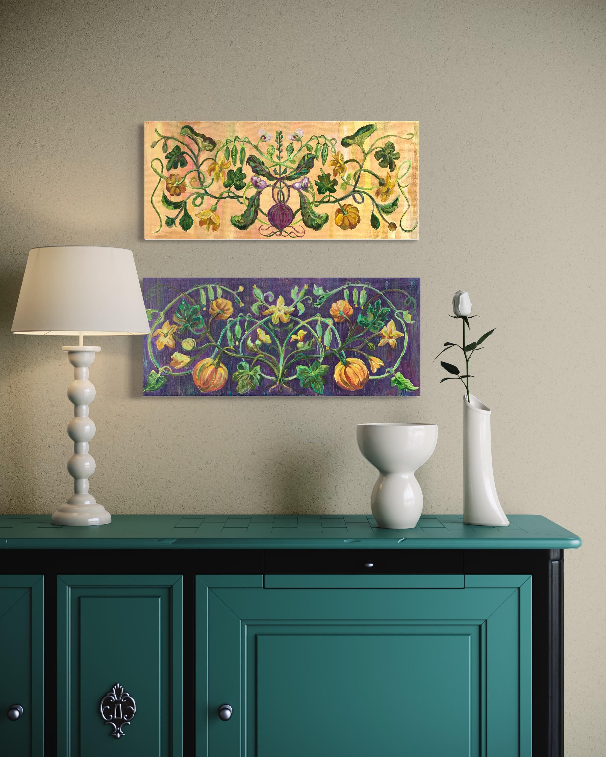 Exquisite ornament of climbing plants. in vintage style, beige colors. oil paint For Sale 3