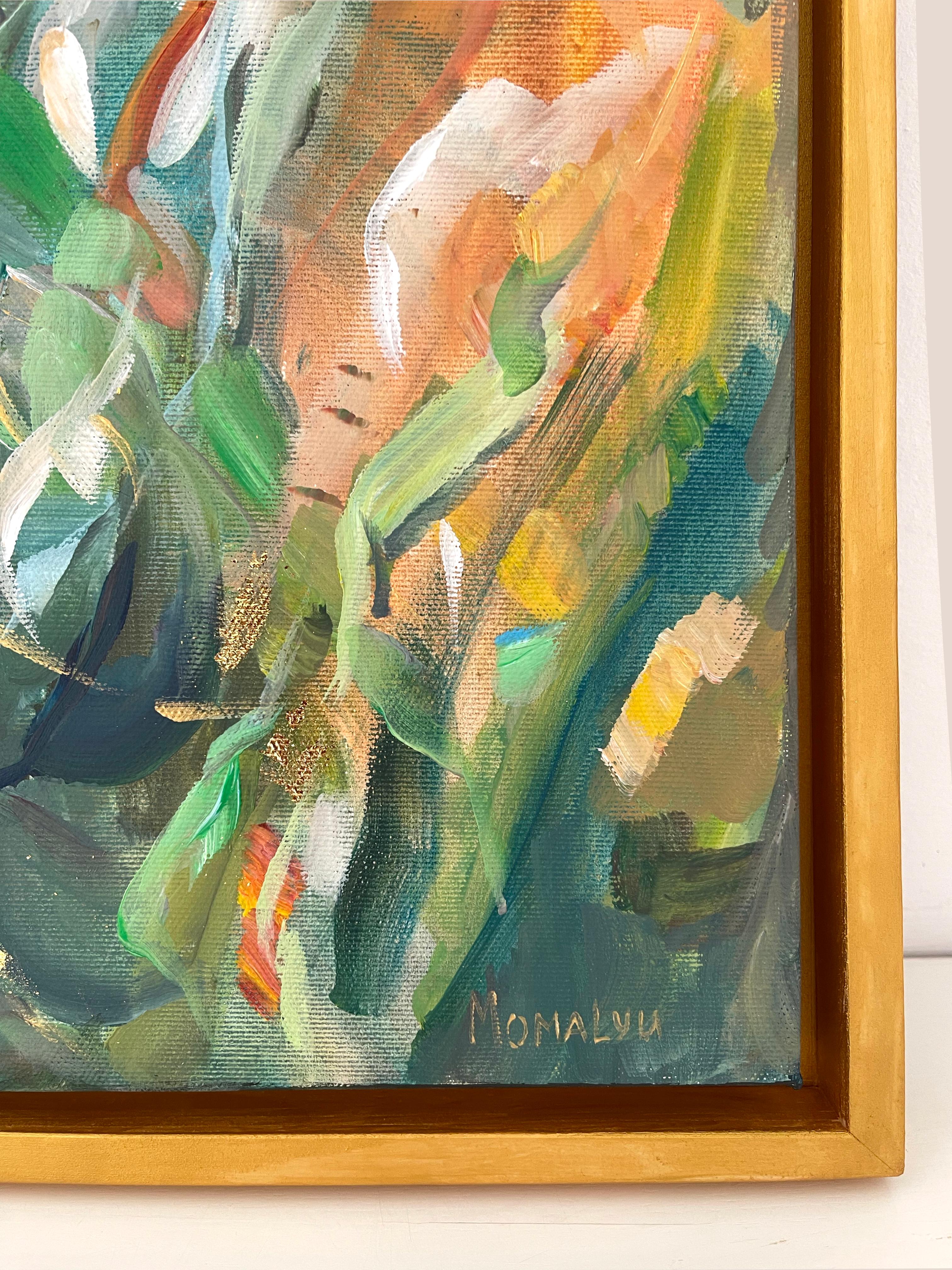 The Energy Within Nature. Abstract square painting in the wood gold frame - Black Interior Painting by Momalyu Liubov