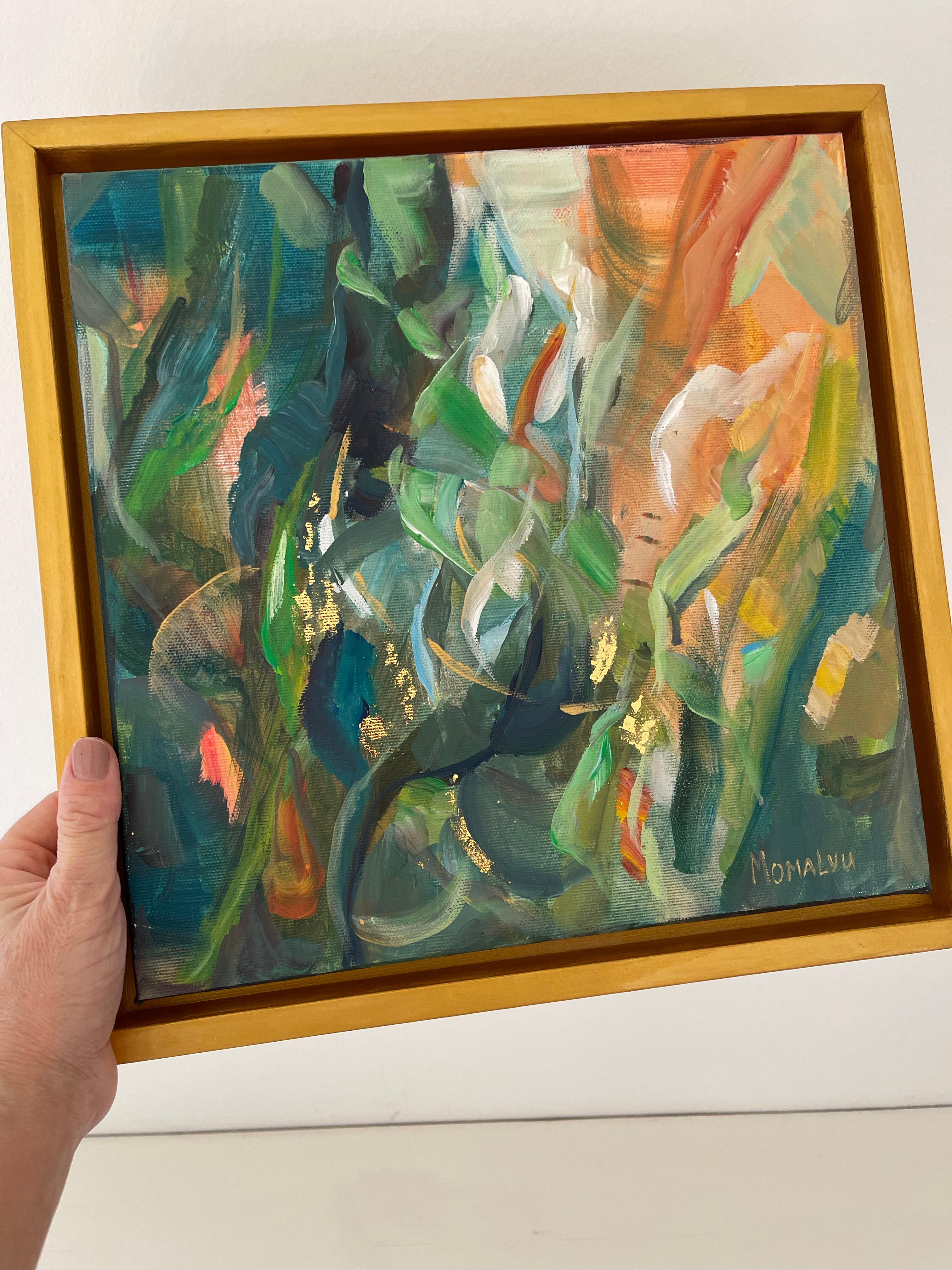 -The painting was created alongside my tropical series and does not depict a specific scene, but rather abstract forms and shades of nature. Contemplating these natural motifs always surprises me and fills me with inner calm. -The artwork is framed