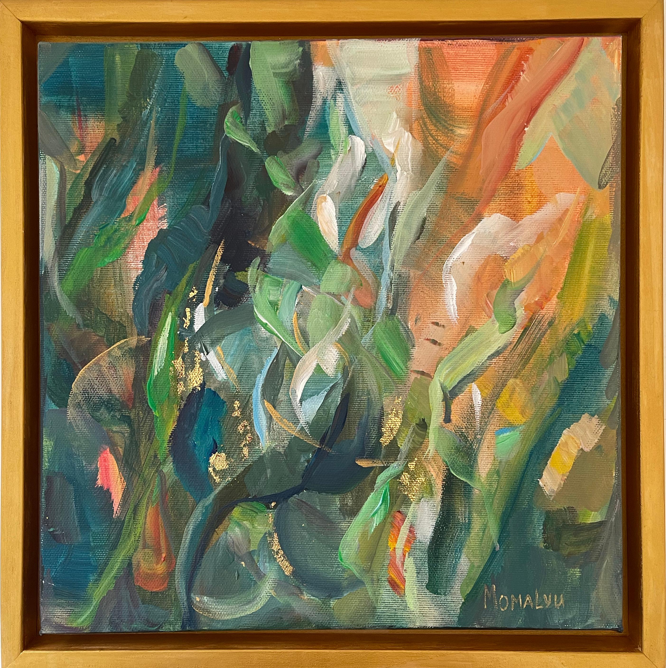 The Energy Within Nature. Abstract square painting in the wood gold frame For Sale 1