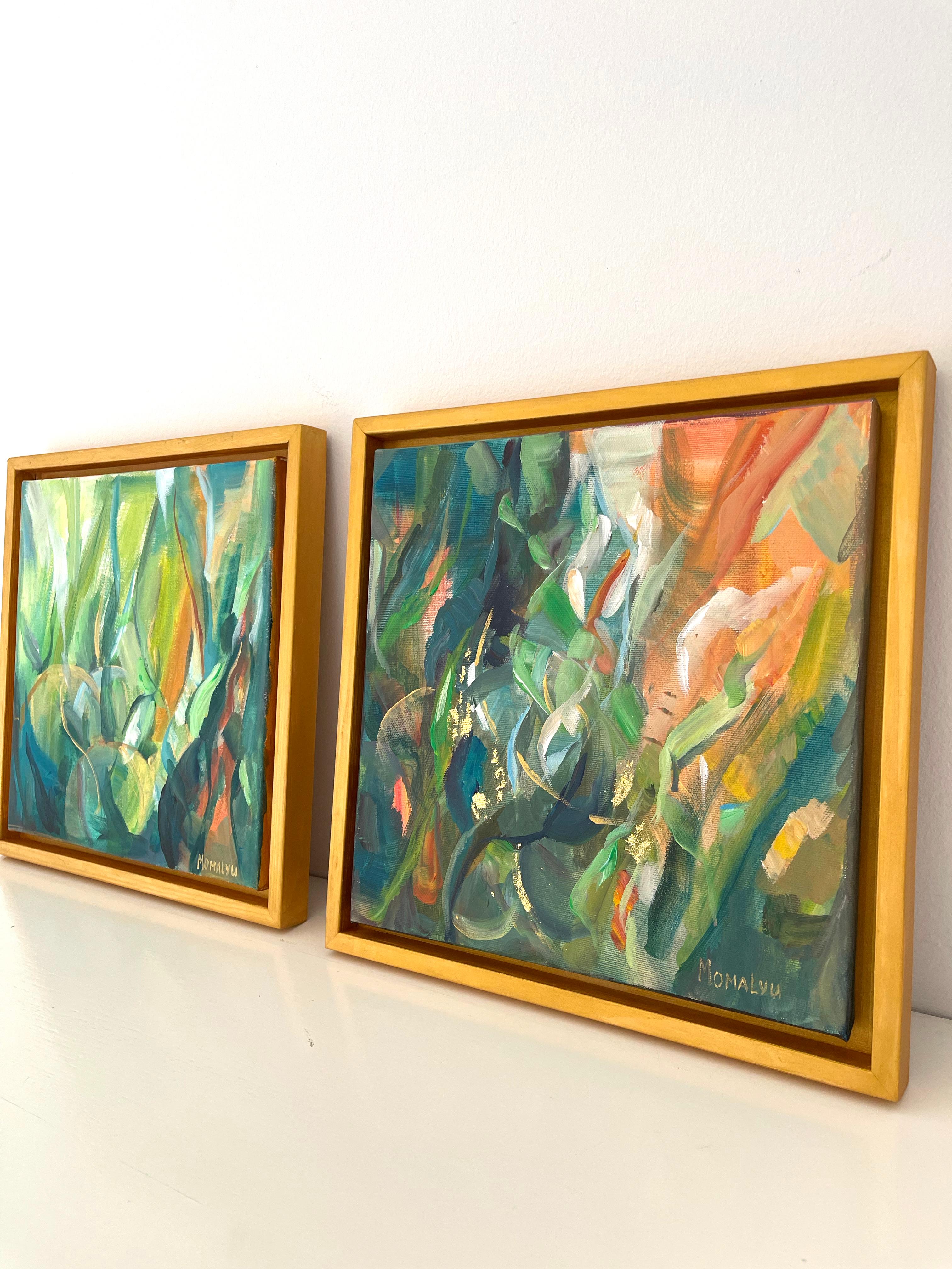 The Energy Within Nature. Abstract square painting in the wood gold frame For Sale 3