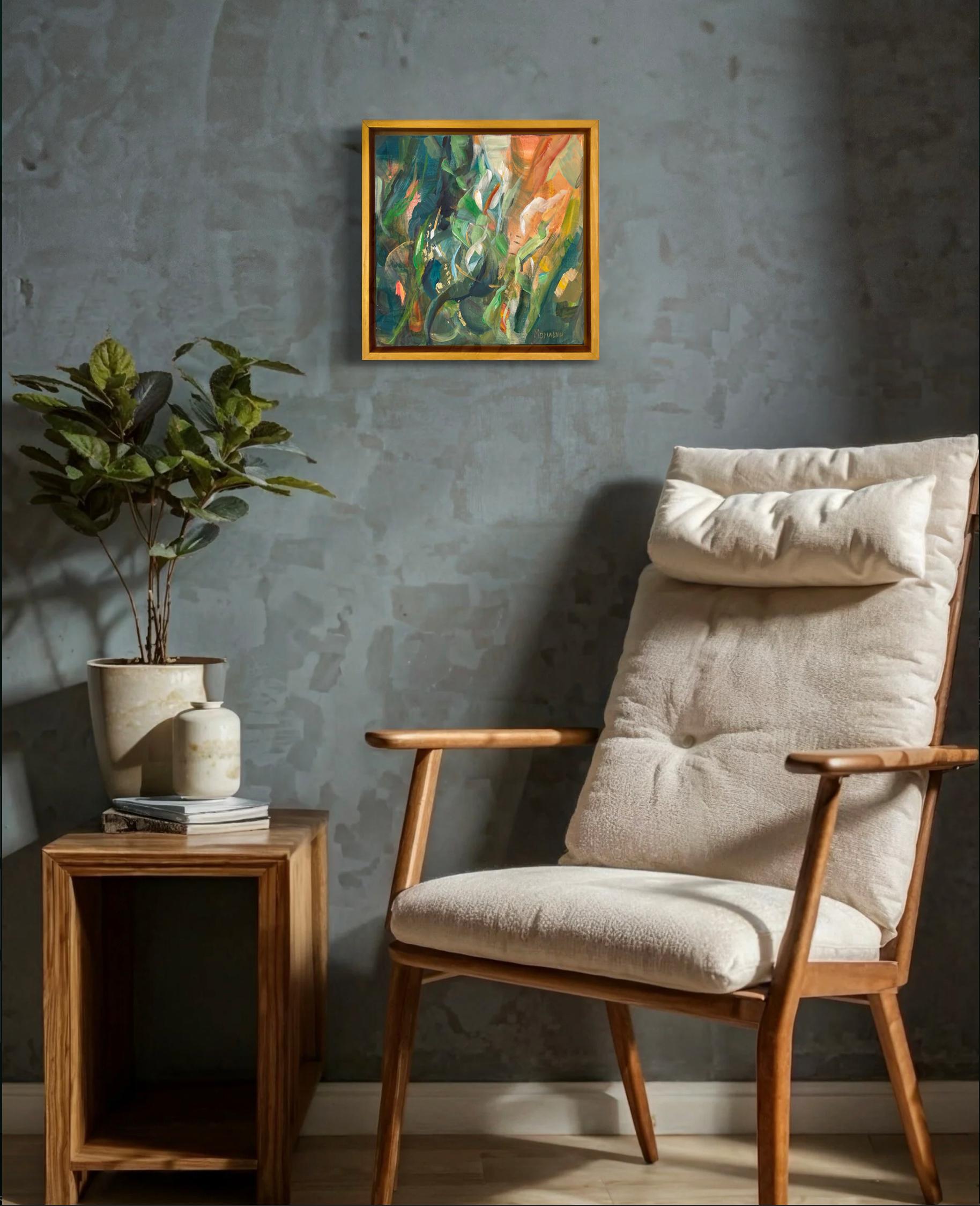 The Energy Within Nature. Abstract square painting in the wood gold frame For Sale 4