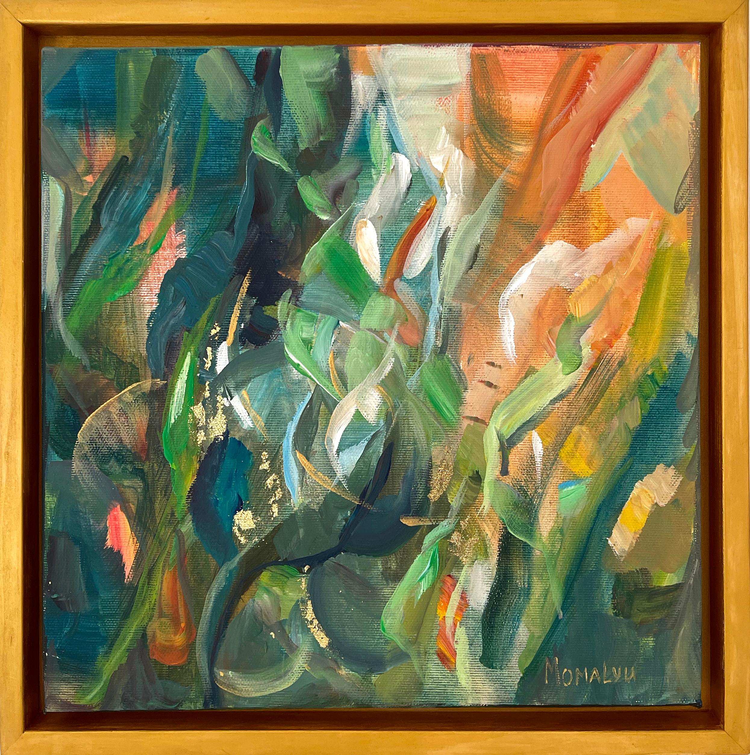 Momalyu Liubov Interior Painting - The Energy Within Nature. Abstract square painting in the wood gold frame