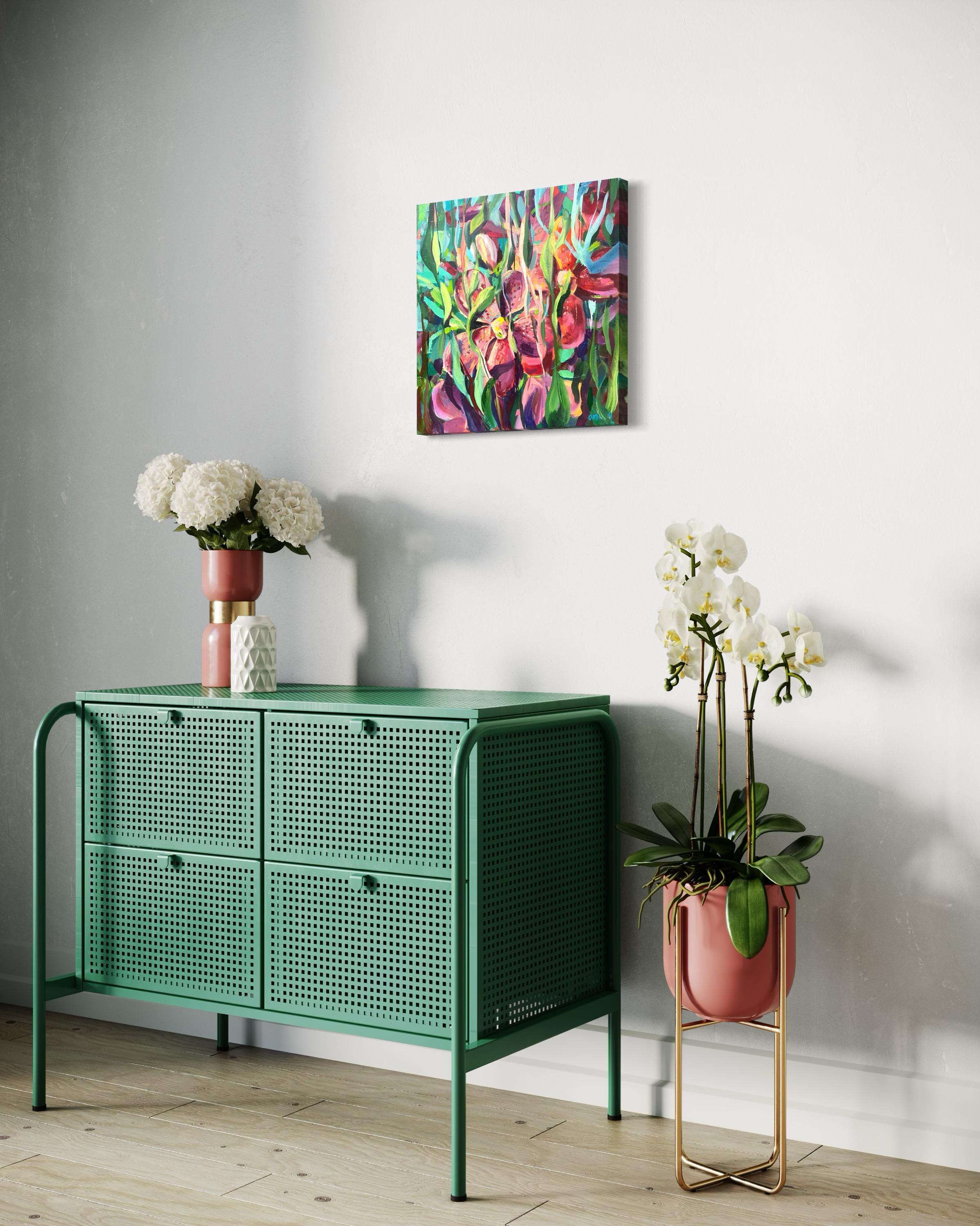 Blumen  Garten. Rosa Orchideen mit Blattwerk – Painting von Momalyu Liubov