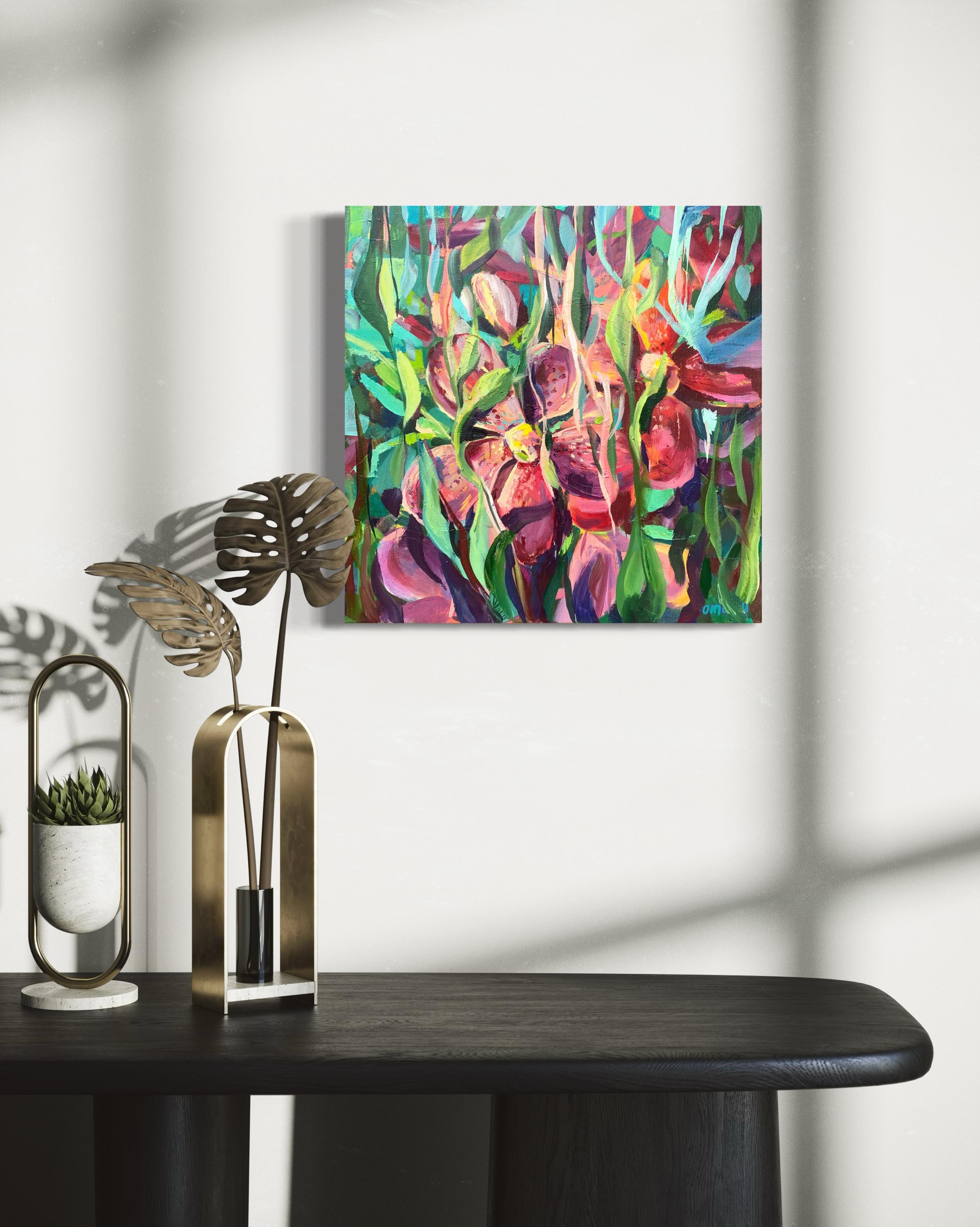 Blumen  Garten. Rosa Orchideen mit Blattwerk (Impressionismus), Painting, von Momalyu Liubov