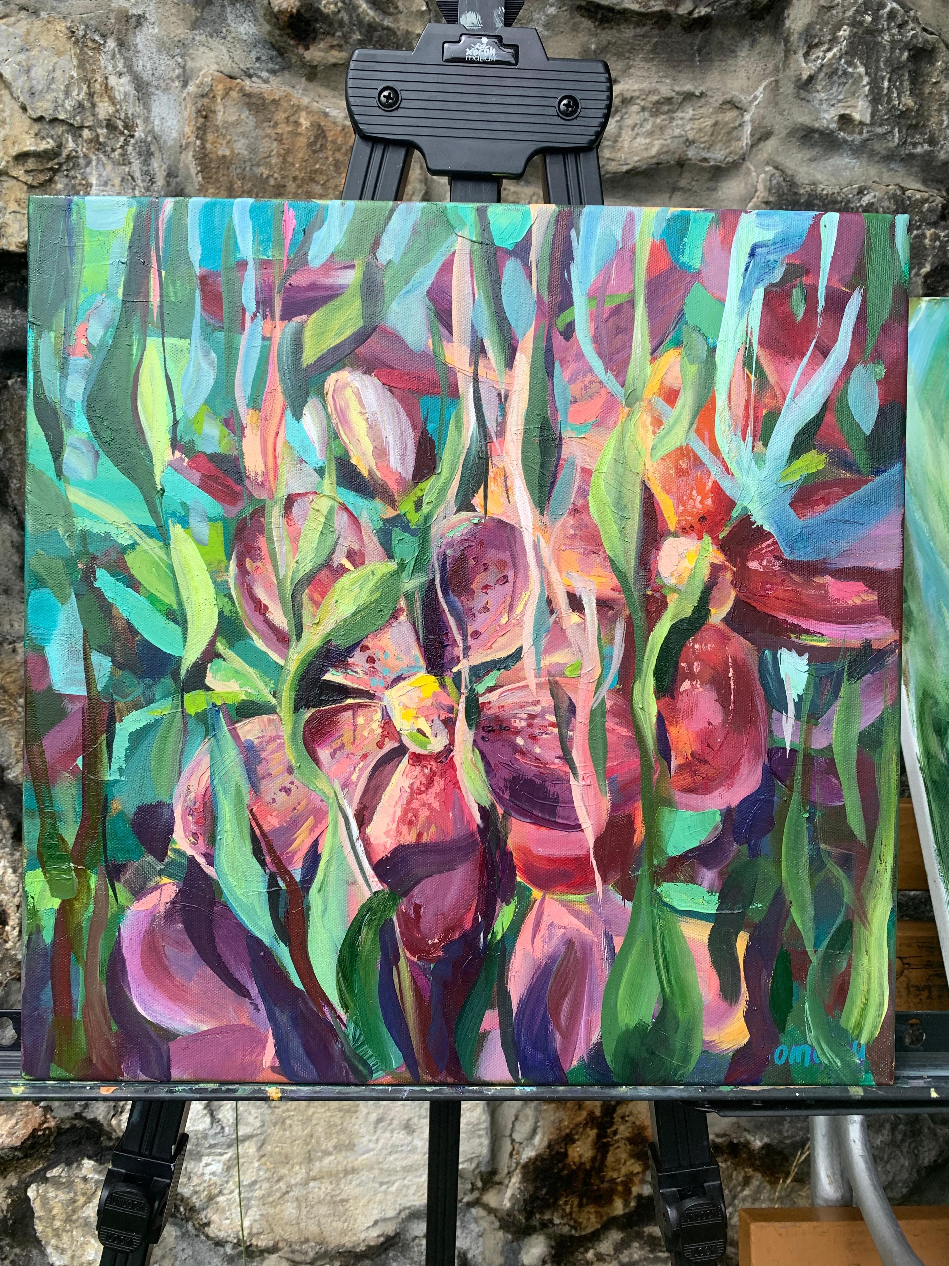 Blumen  Garten. Rosa Orchideen mit Blattwerk (Grau), Still-Life Painting, von Momalyu Liubov