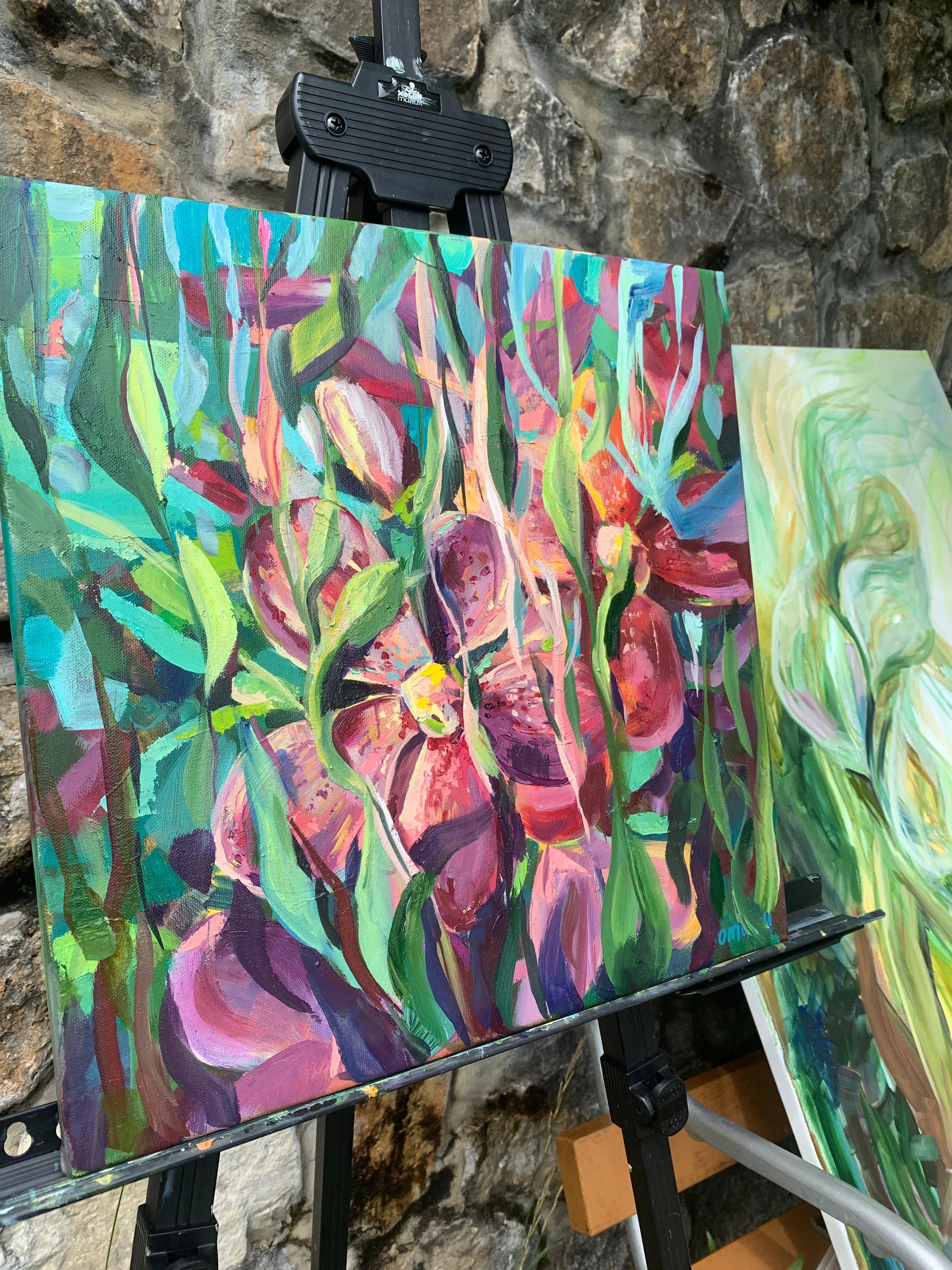 Kräftige rosa und grüne Farben der exotischen Blumen Orchideen  im tropischen Garten.   
- Original Ölgemälde
- 40x40 cm (15,8 x 15,8 Zoll)
- 0,6 Zoll dicke ummantelte lackierte Kanten - keine Rahmung erforderlich.
- verdrahtet, signiert und zum