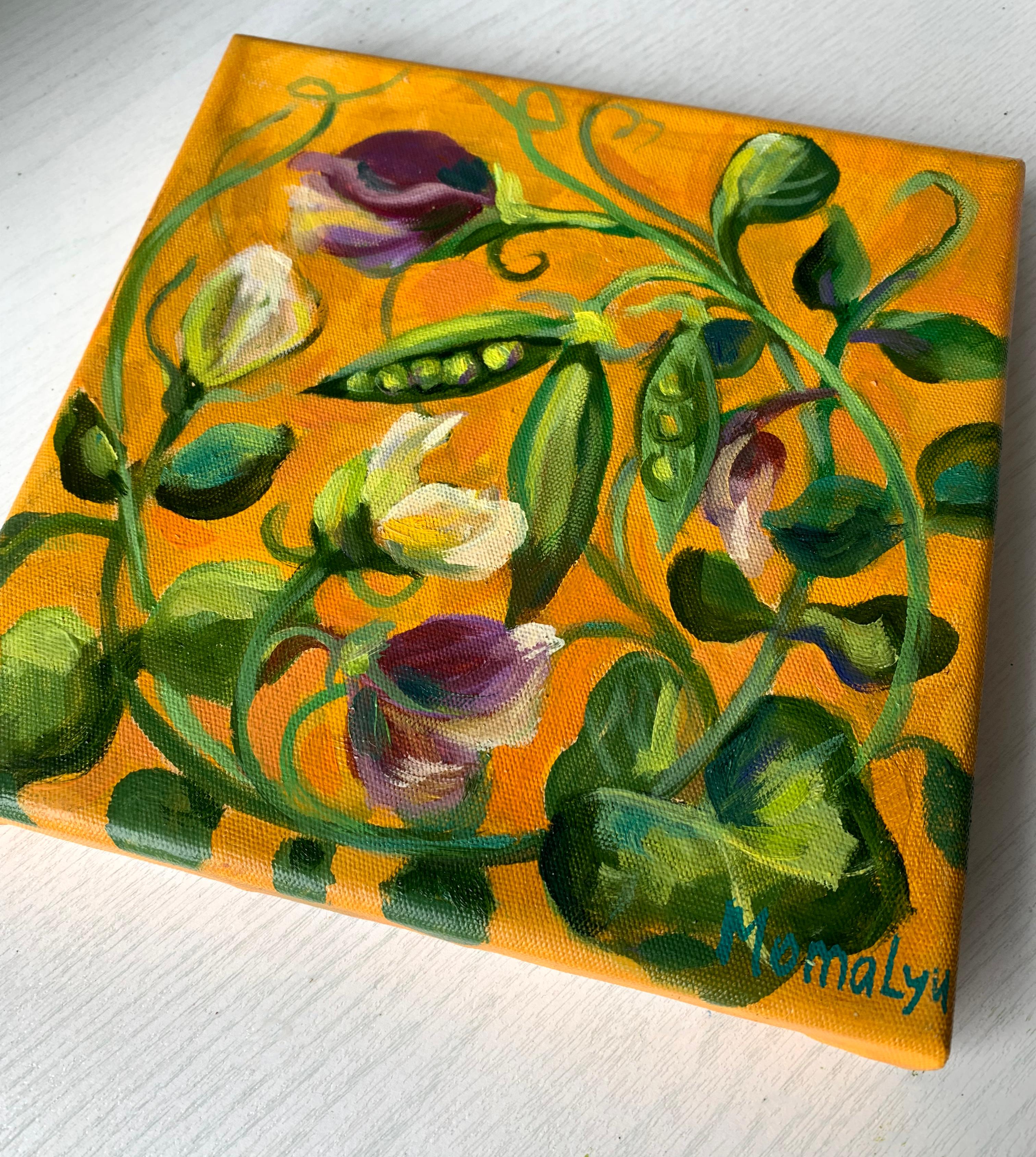 Florid peas.Ornate plants. Miniature  oil painting.  - Painting by Momalyu Liubov