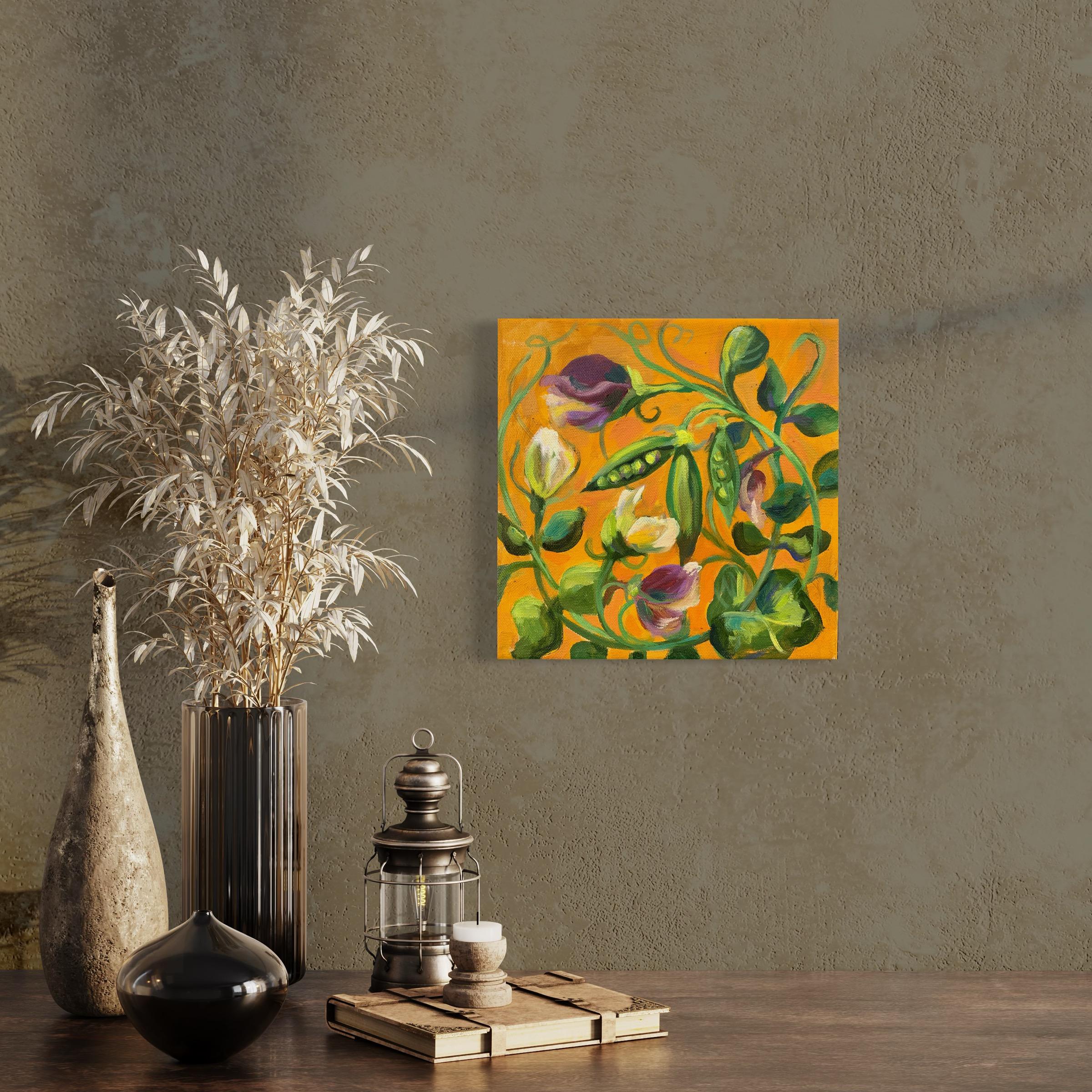 Florid peas.Ornate plants. Miniature  oil painting.  - Art Nouveau Painting by Momalyu Liubov