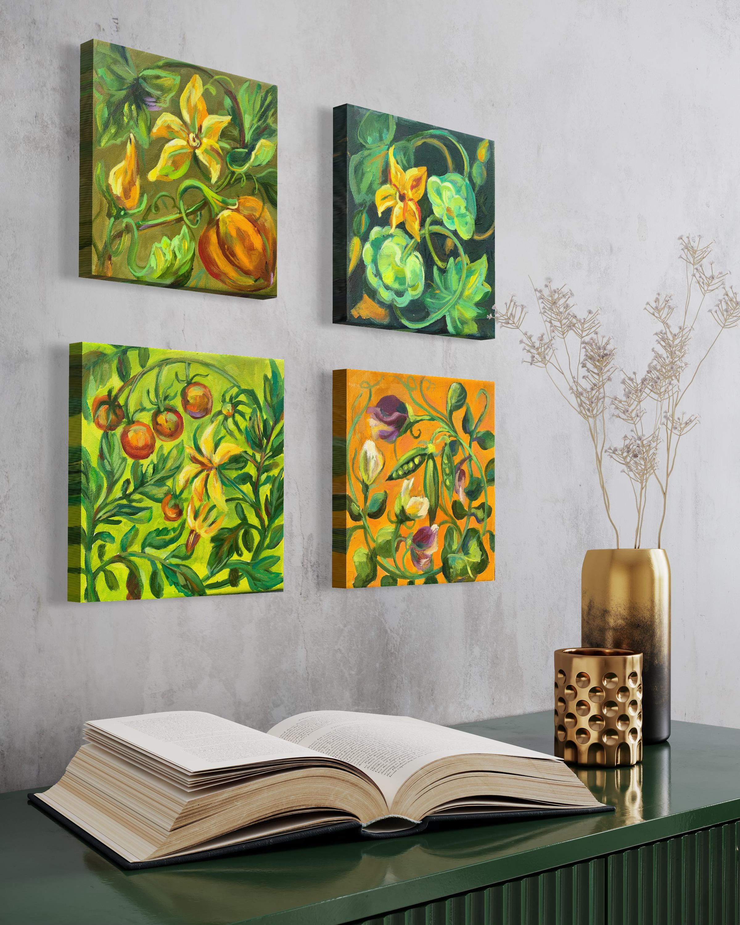 Florid peas.Ornate plants. Miniature  oil painting.  For Sale 1