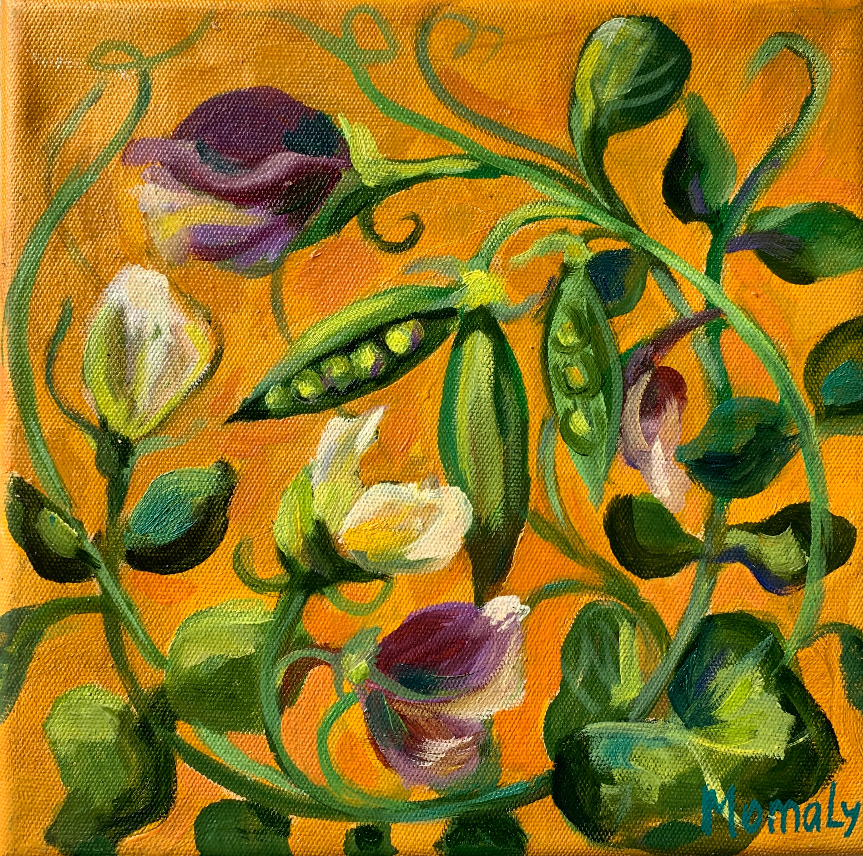 Florid peas.Ornate plants. Miniature  oil painting. 