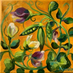 Florid peas.Ornate plants. Miniature  oil painting. 