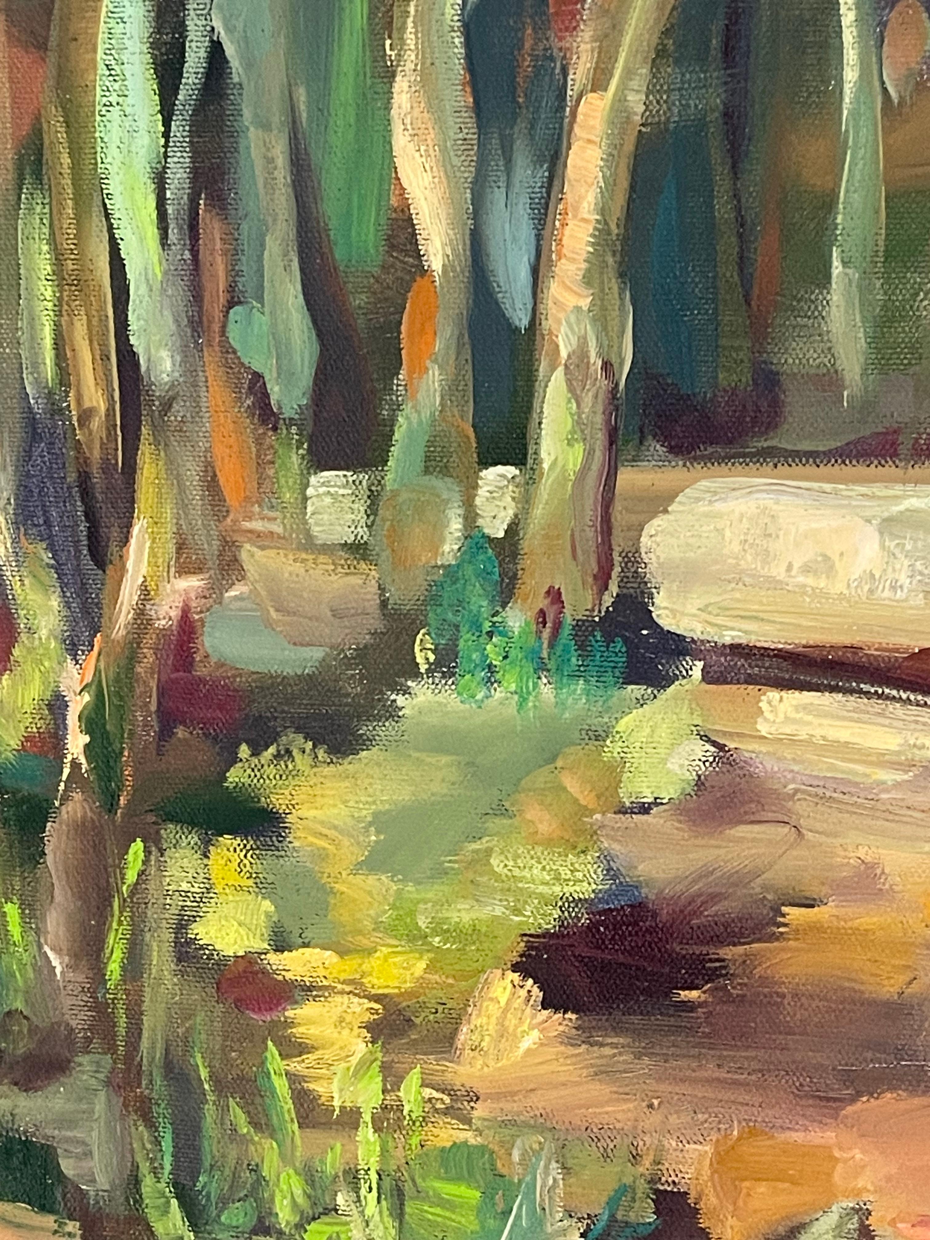 Baden im Wald. Shinrin Yoku. Original-Ölgemälde auf Leinwand. Landschaft (Grau), Landscape Painting, von Momalyu Liubov