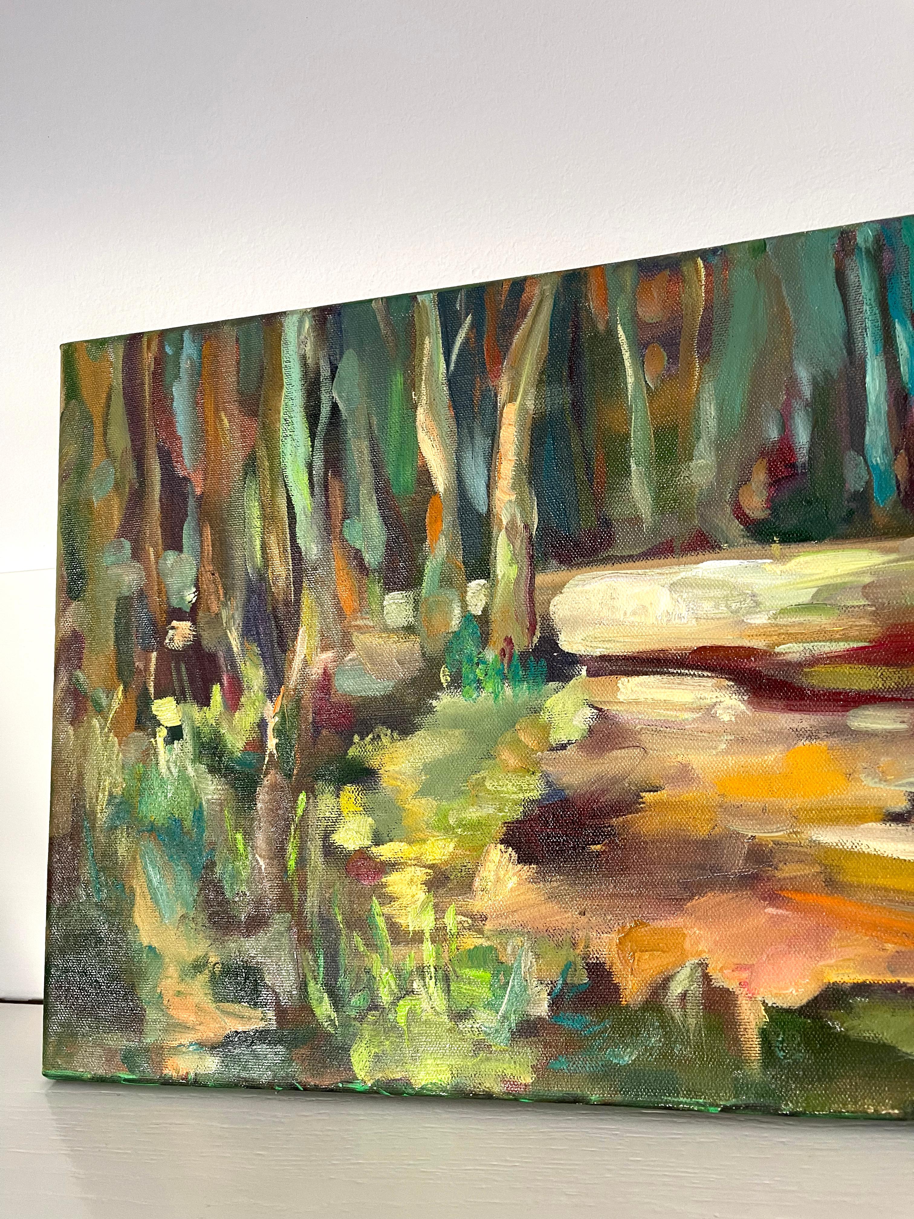 Baden im Wald. Shinrin Yoku. Original-Ölgemälde auf Leinwand. Landschaft im Angebot 1