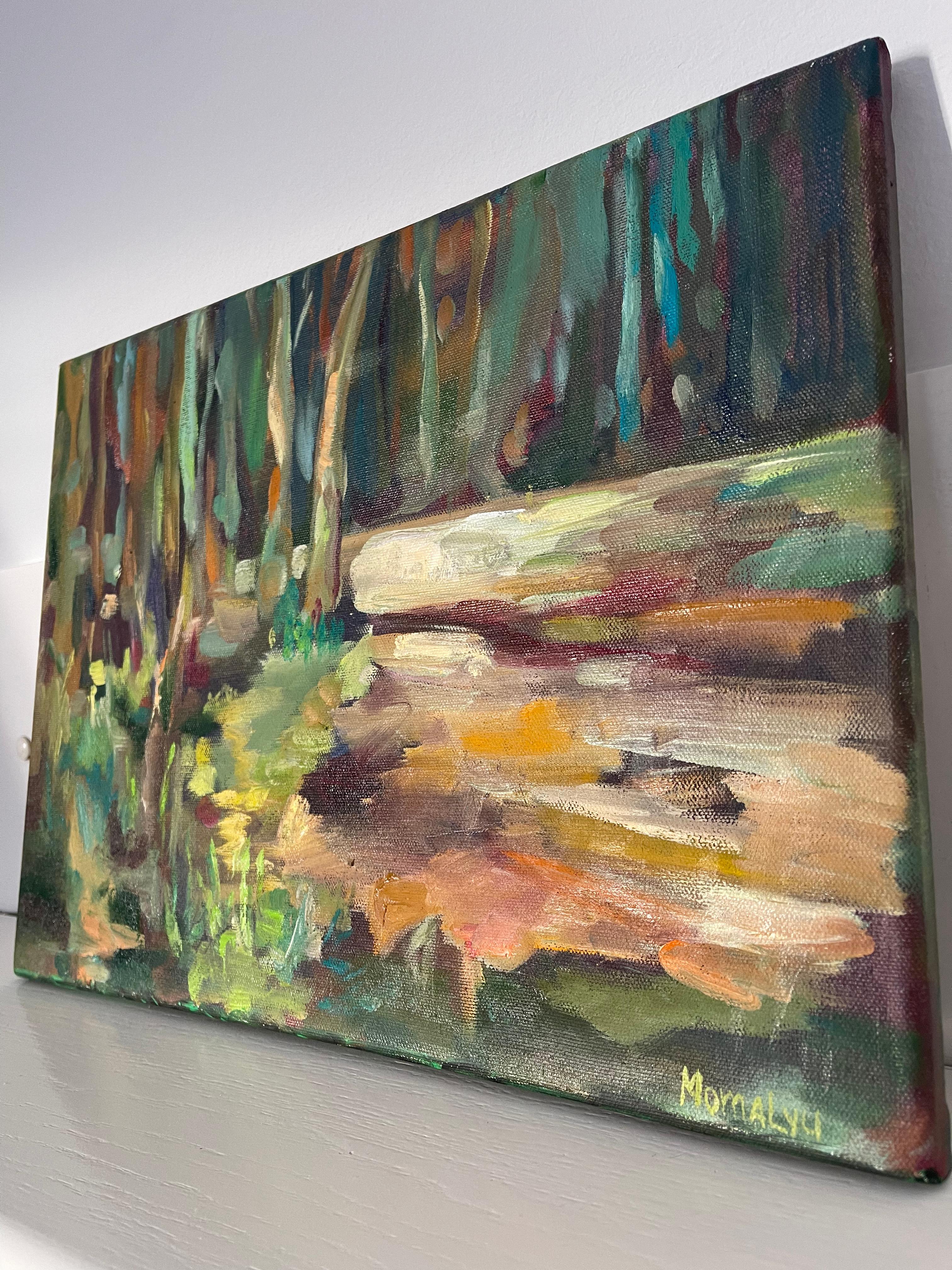Baden im Wald. Shinrin Yoku. Original-Ölgemälde auf Leinwand. Landschaft im Angebot 3