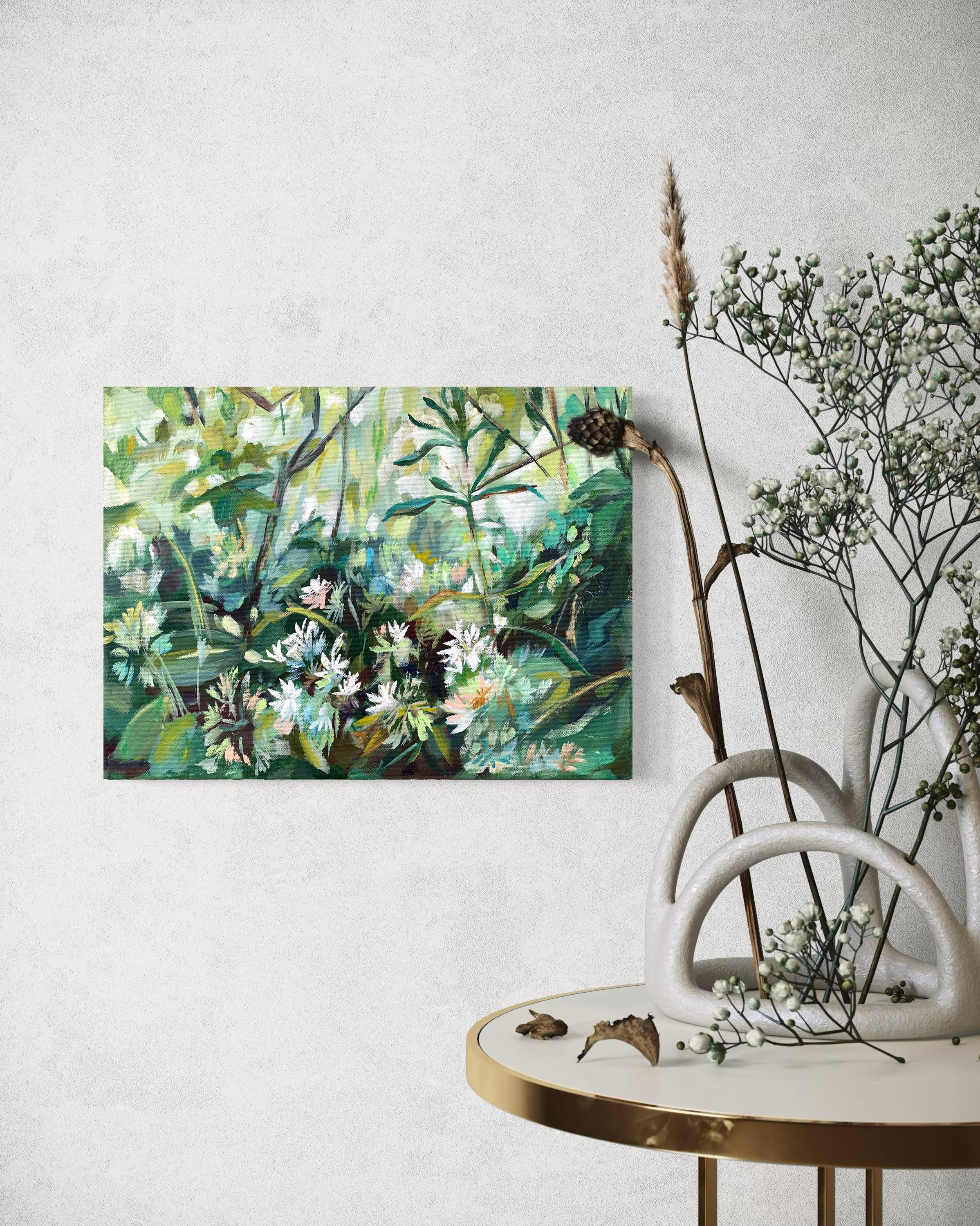 Freshness. Foliage green painting - Gray Interior Painting by Momalyu Liubov