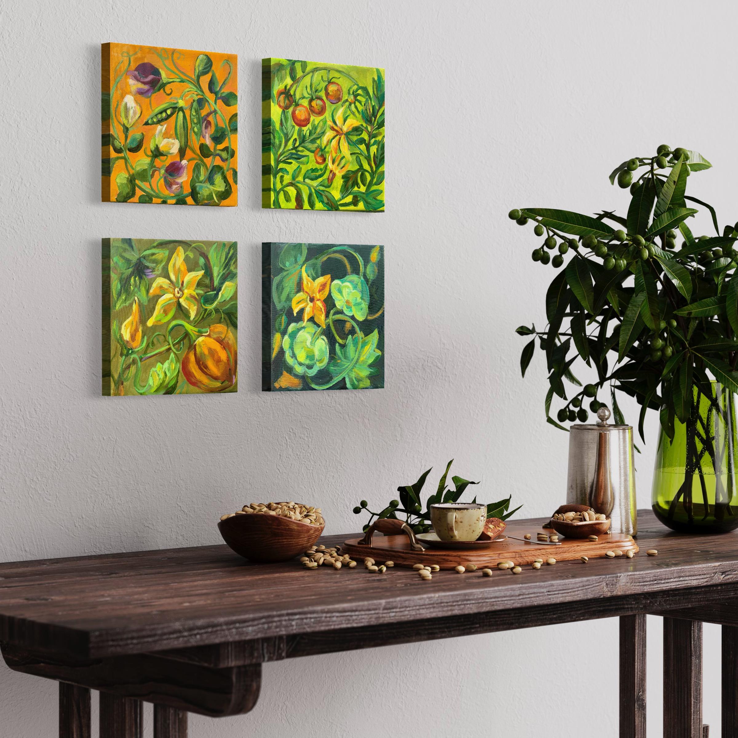 Botanical ornate. A quadriptych of Mini oil paintings by Liubov Momalyu For Sale 1