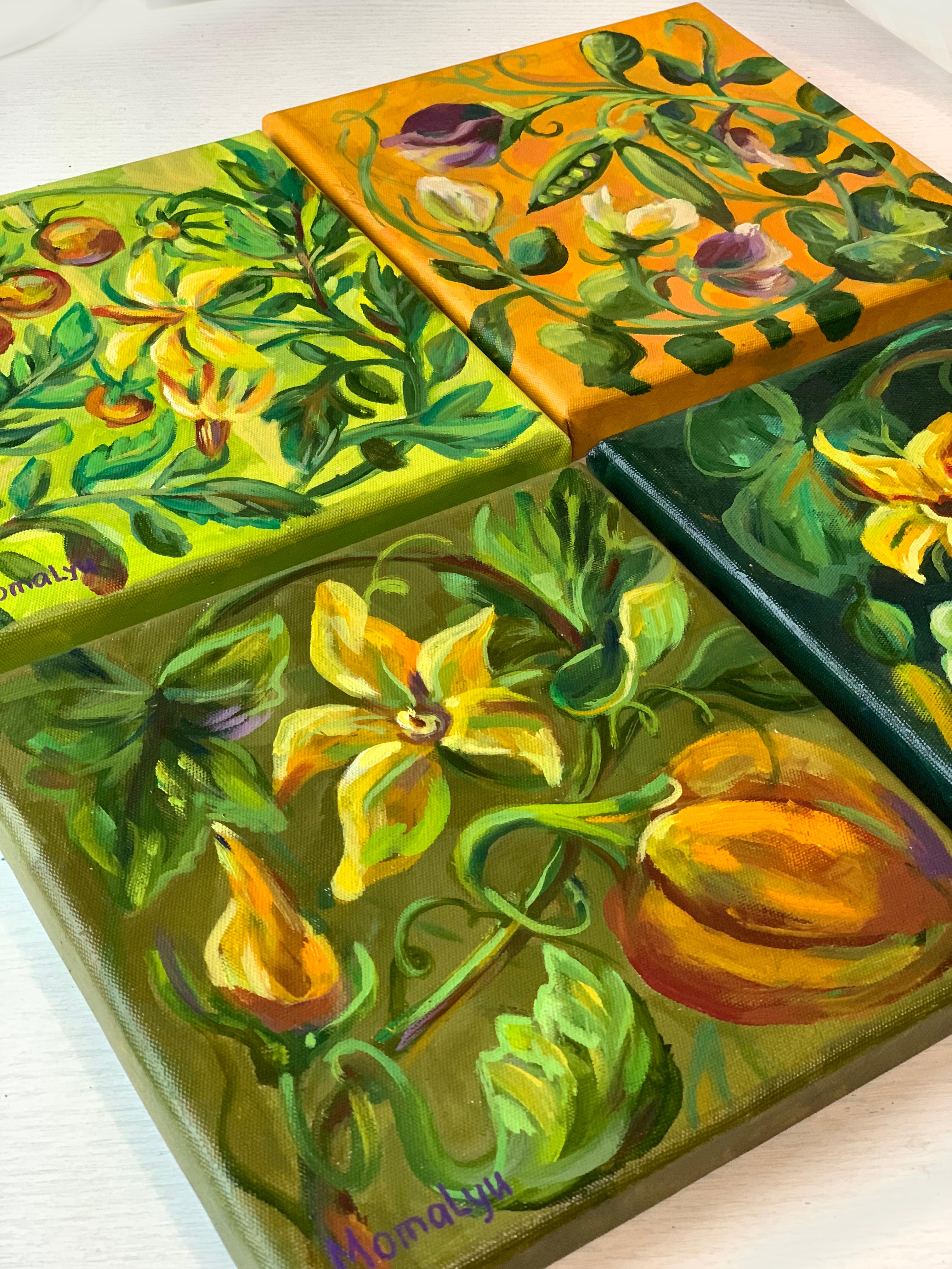 Botanical ornate. A quadriptych of Mini oil paintings by Liubov Momalyu For Sale 5