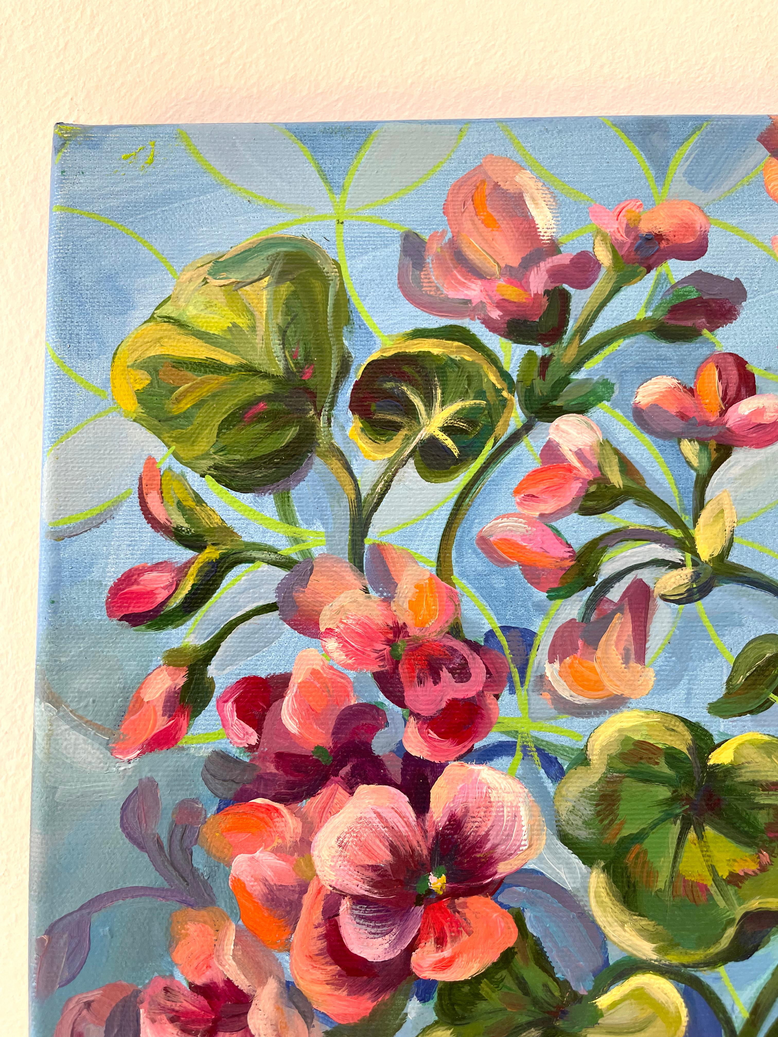 Fioritura dei gerani. Pittura ad olio floreale 1