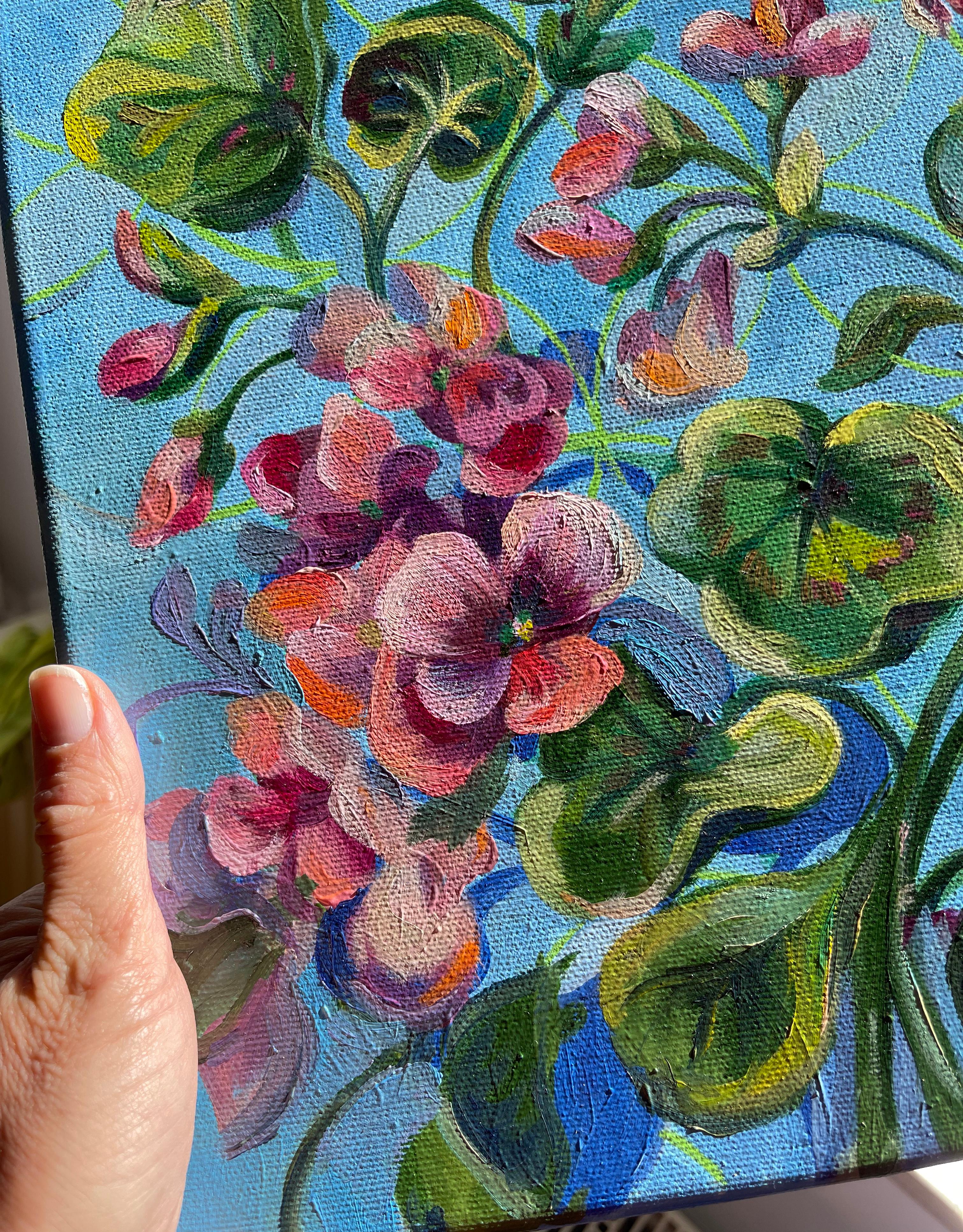 Fioritura dei gerani. Pittura ad olio floreale 2