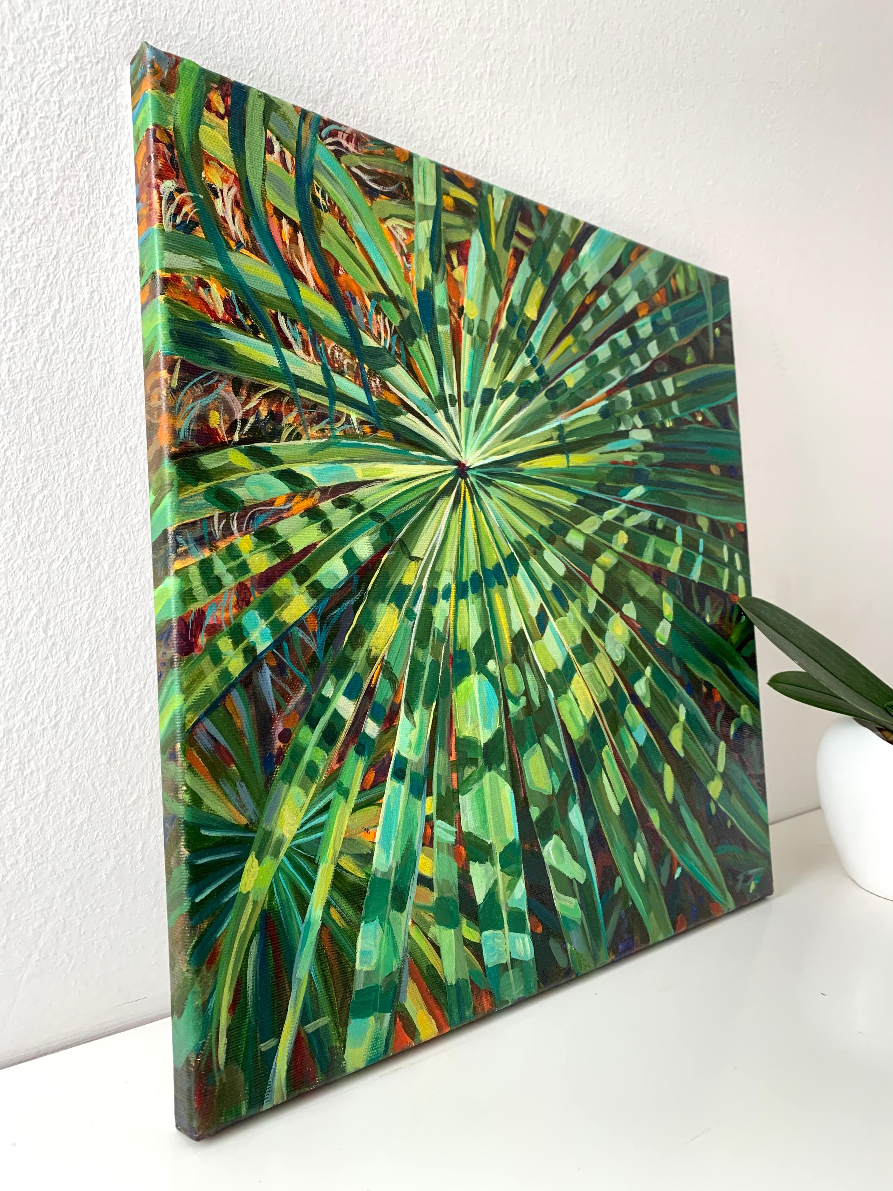 Resplandor del sol y sombras sobre una hoja de palmera. De cerca. Verde Follaje abstracto 
 Este cuadro está inspirado en la naturaleza de un jardín tropical en días soleados. Verde abstracto 
 
- Óleo original
- 40x40 cm (15,8 x 15,8 pulgadas)
-