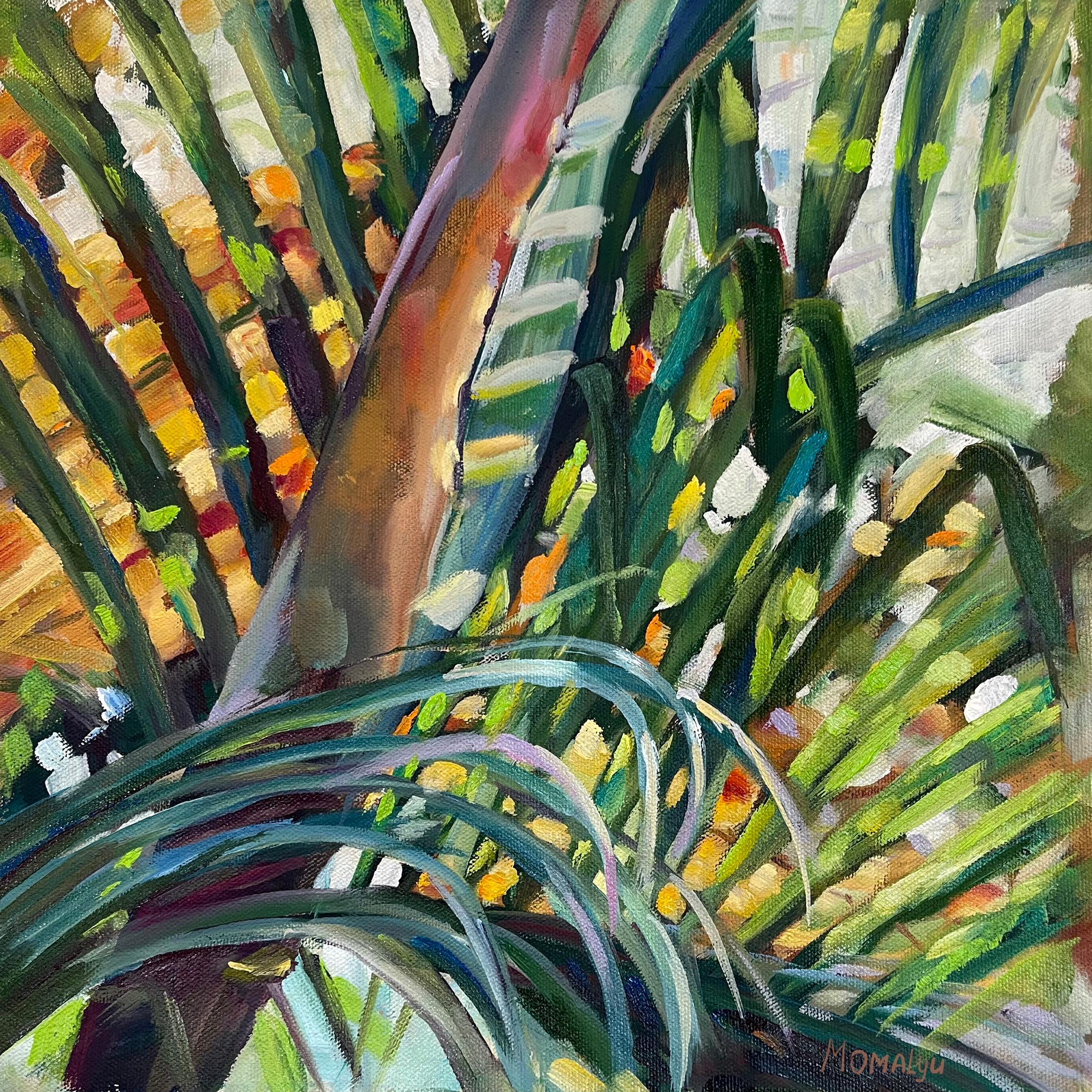 Golden Light Through the Palm - Impressionist Painting by Momalyu Liubov