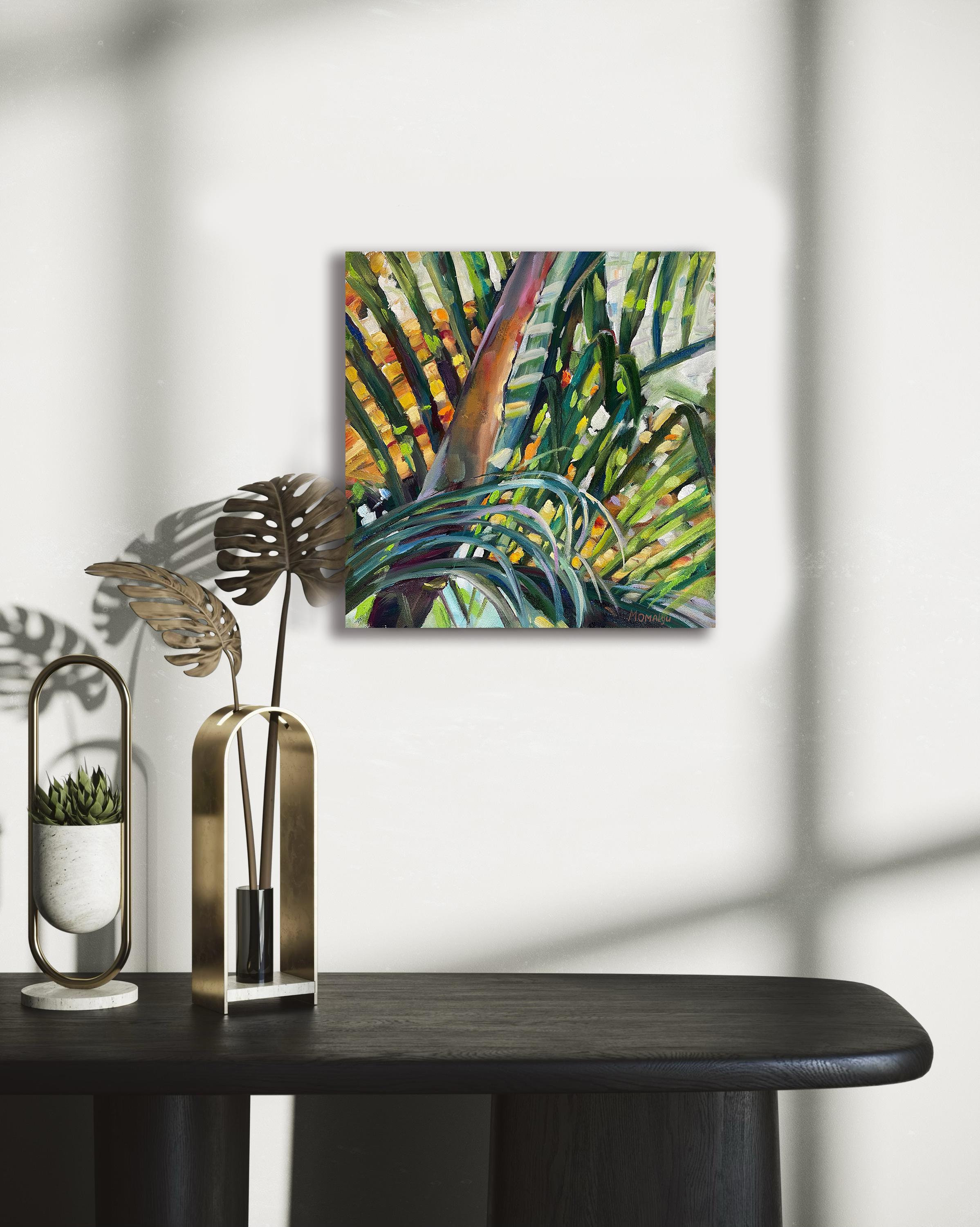 Golden Light Through the Palm - Black Interior Painting by Momalyu Liubov
