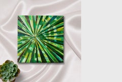 «Green leaf of Palm 2". close up , sun glare on leaf  .Miniature oil painting