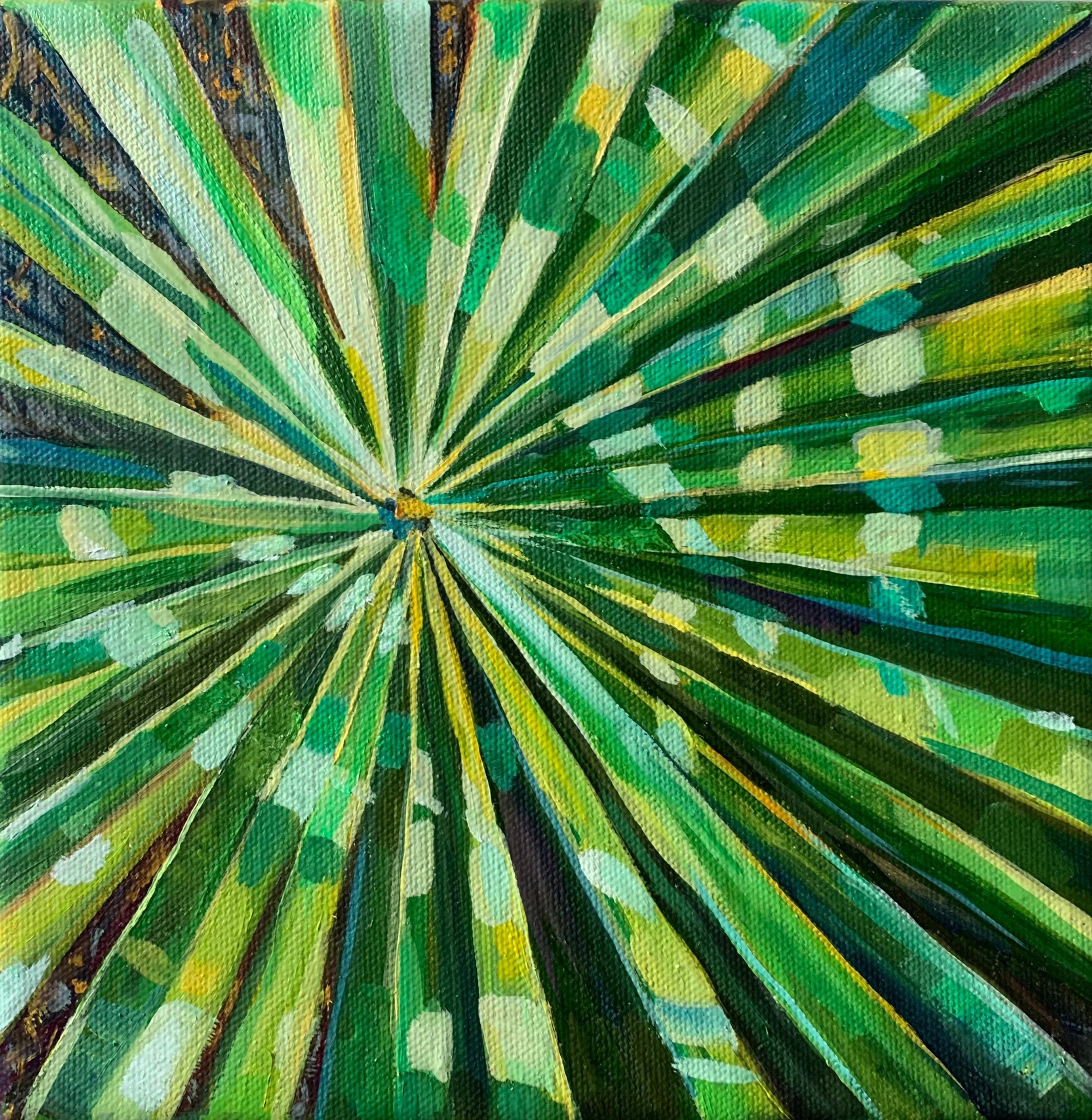 Momalyu Liubov Landscape Painting – "Grünes Blatt der Palme 2". Nahaufnahme, Sonnenblendung auf dem Blatt  Miniatur-Ölgemälde