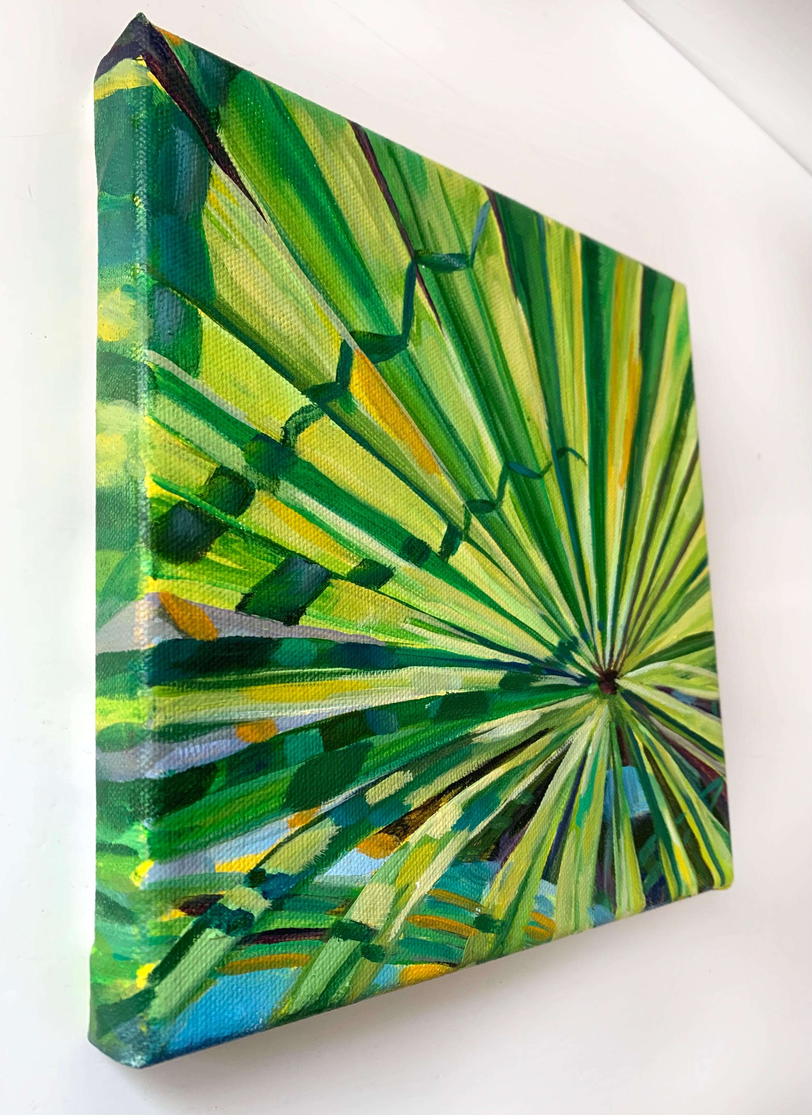 Original small oil painting on canvas . green leaf with positive vibes from sun glare. 
How often are we in the moment, genuinely captivated by the beauty of nature, connecting with ourselves? Filled with the nature of Thailand, I expressed all my