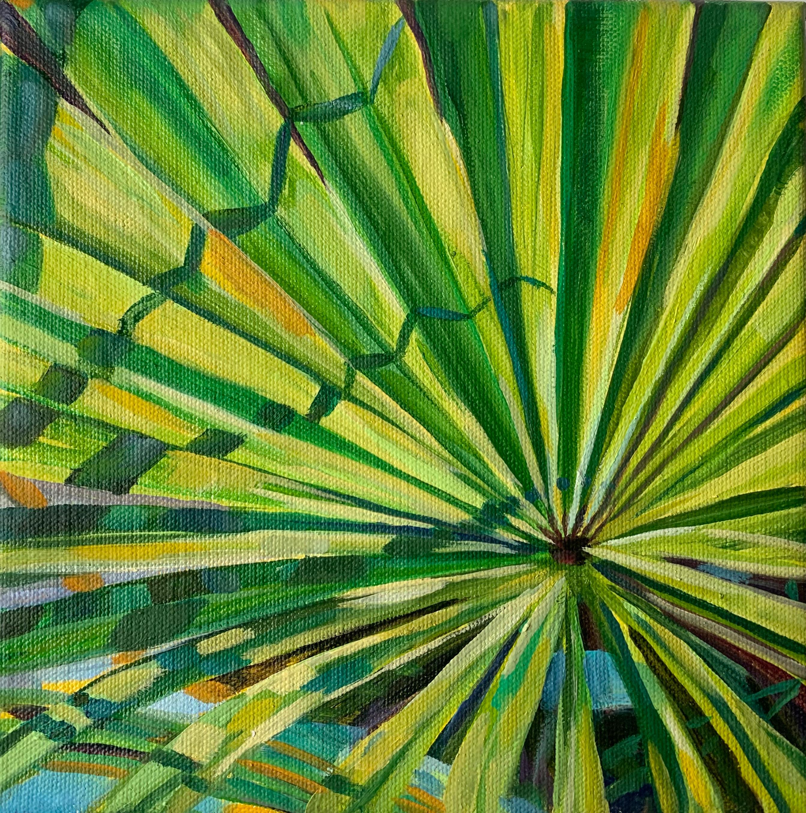 «Green leaf of Palm". close up , abstract view .Miniature oil painting
