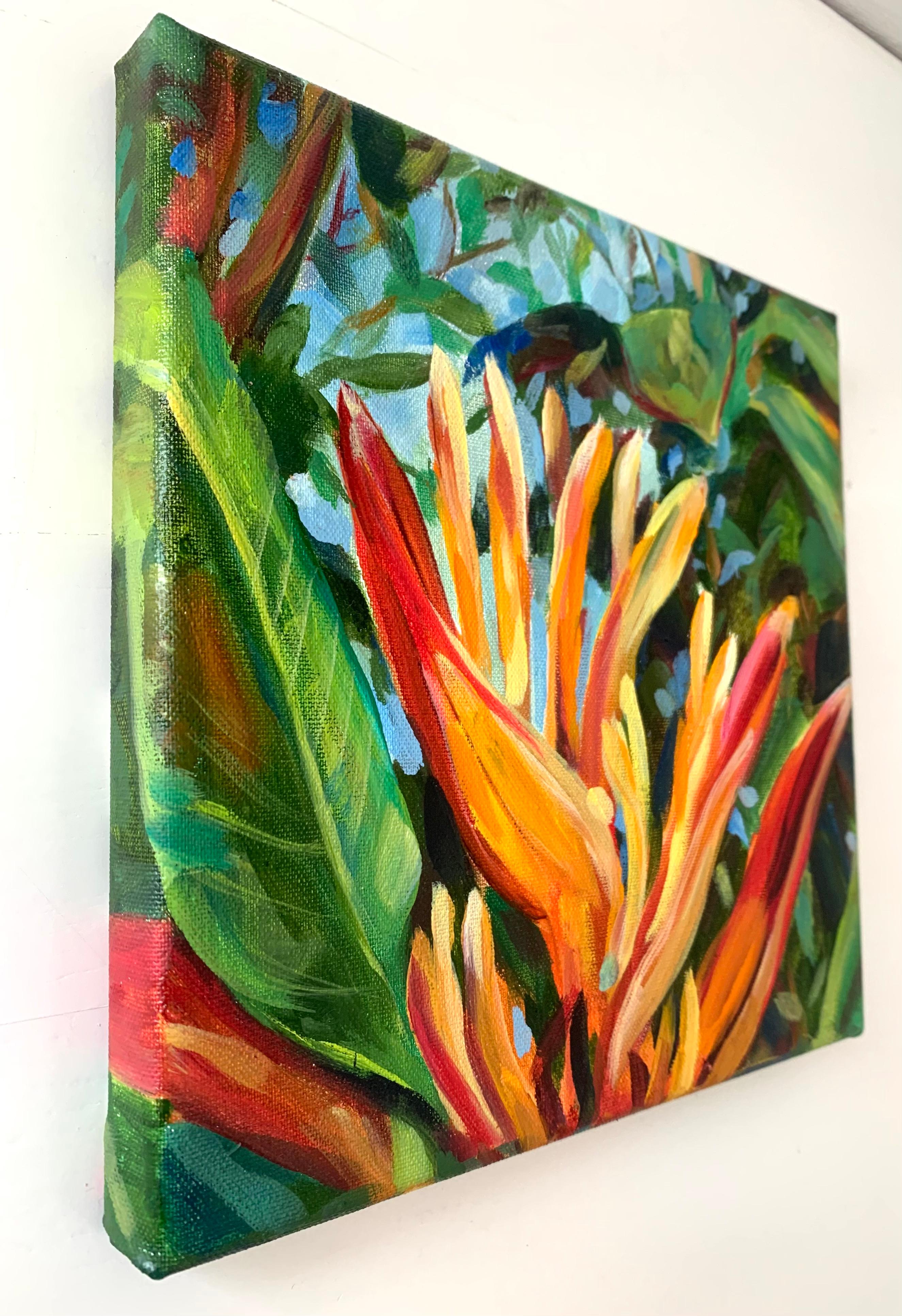 Heliconia exotic flower. Mini oil painting.  - Painting by Momalyu Liubov