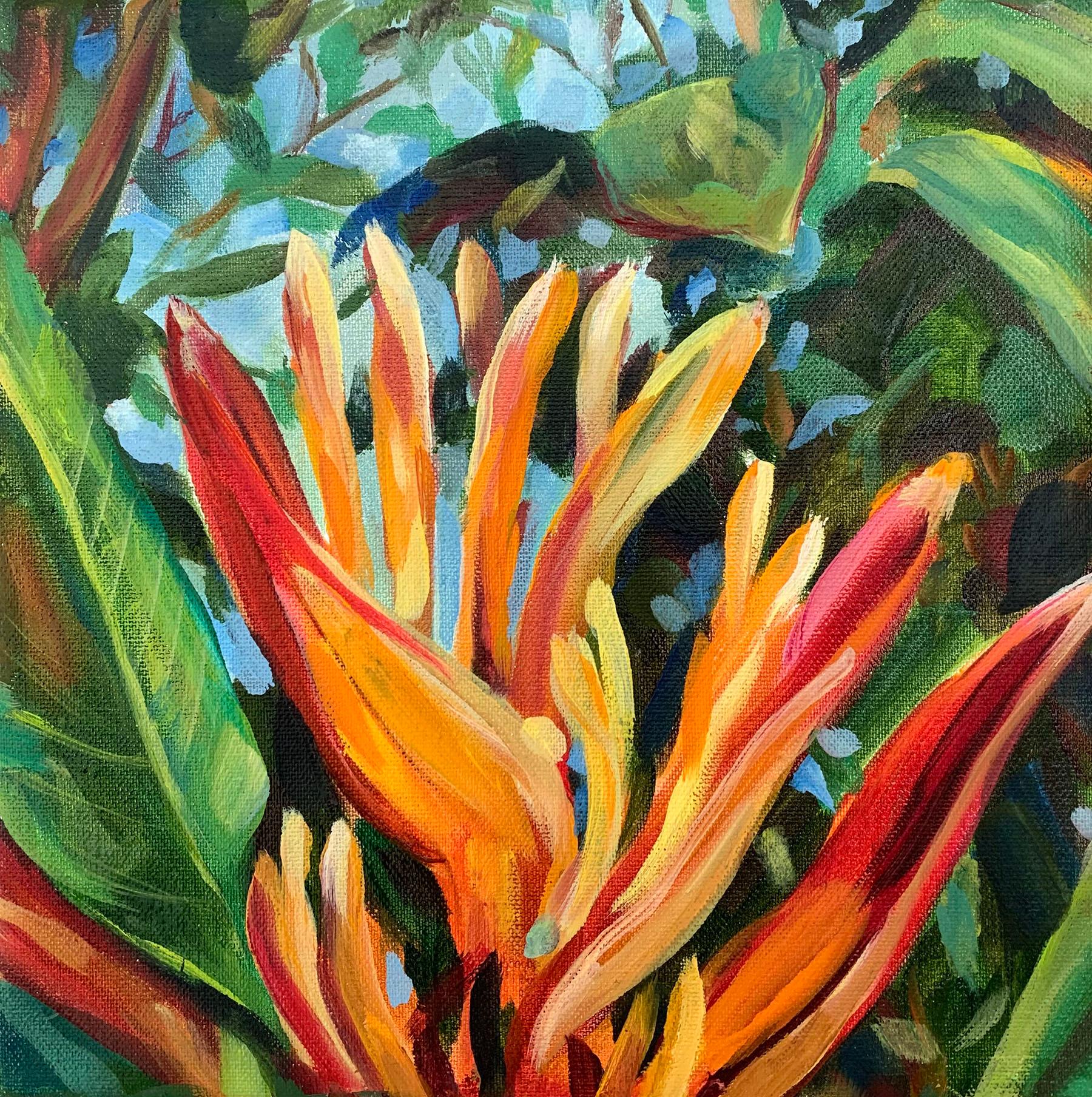 Heliconia exotic flower. Mini oil painting. 