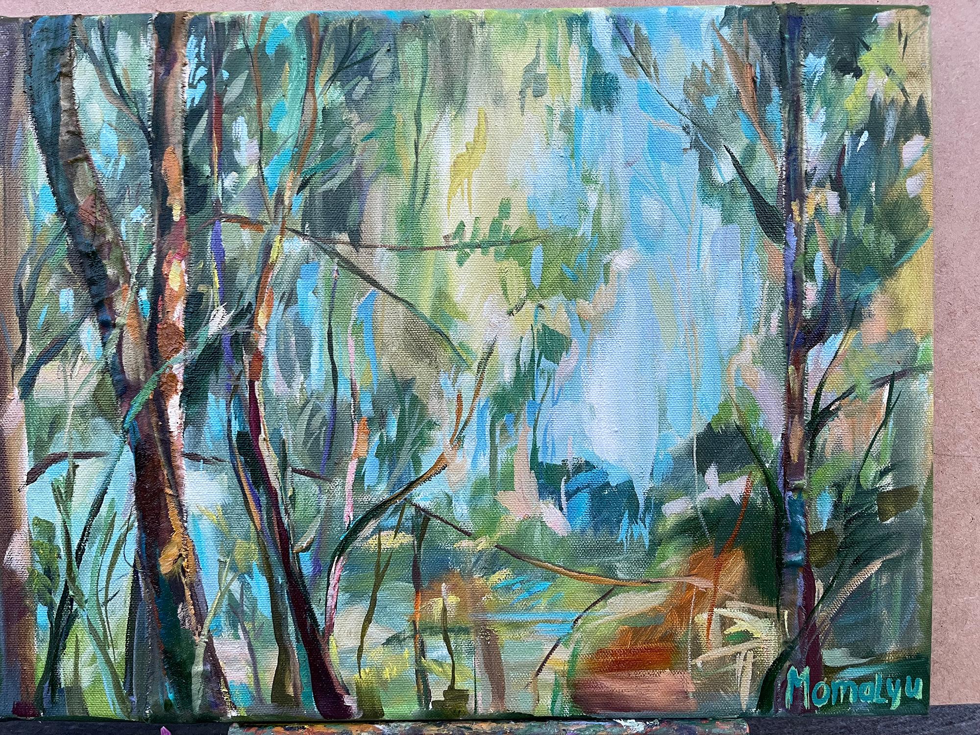 Illuminato dal sole.  Foresta Quadro originale - Landscape Painting Grigio di Momalyu Liubov