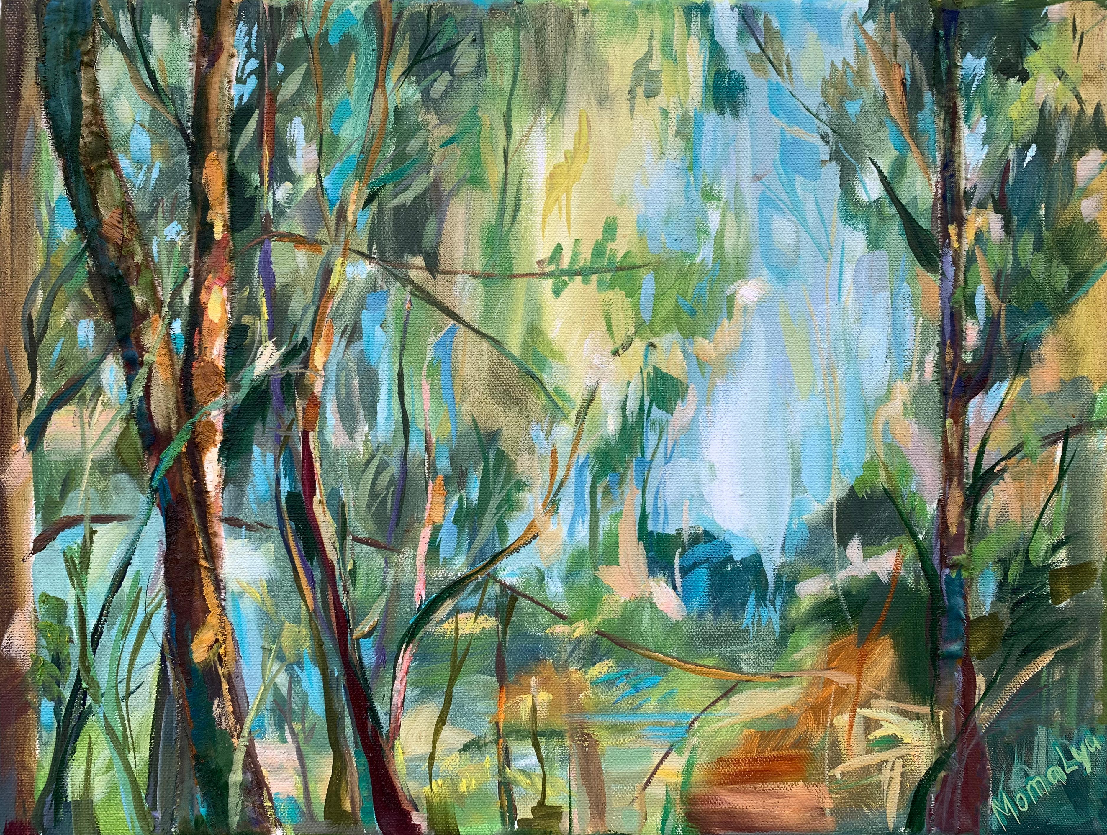 Landscape Painting di Momalyu Liubov - Illuminato dal sole.  Foresta Quadro originale