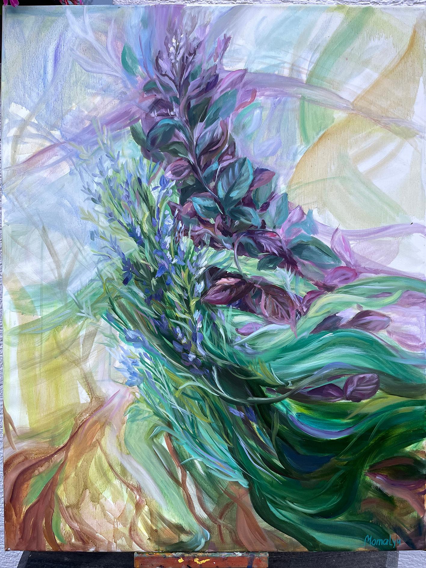 In the aroma  of Basil and Rosemary.  Foliage Original oil painting on canvas For Sale 8