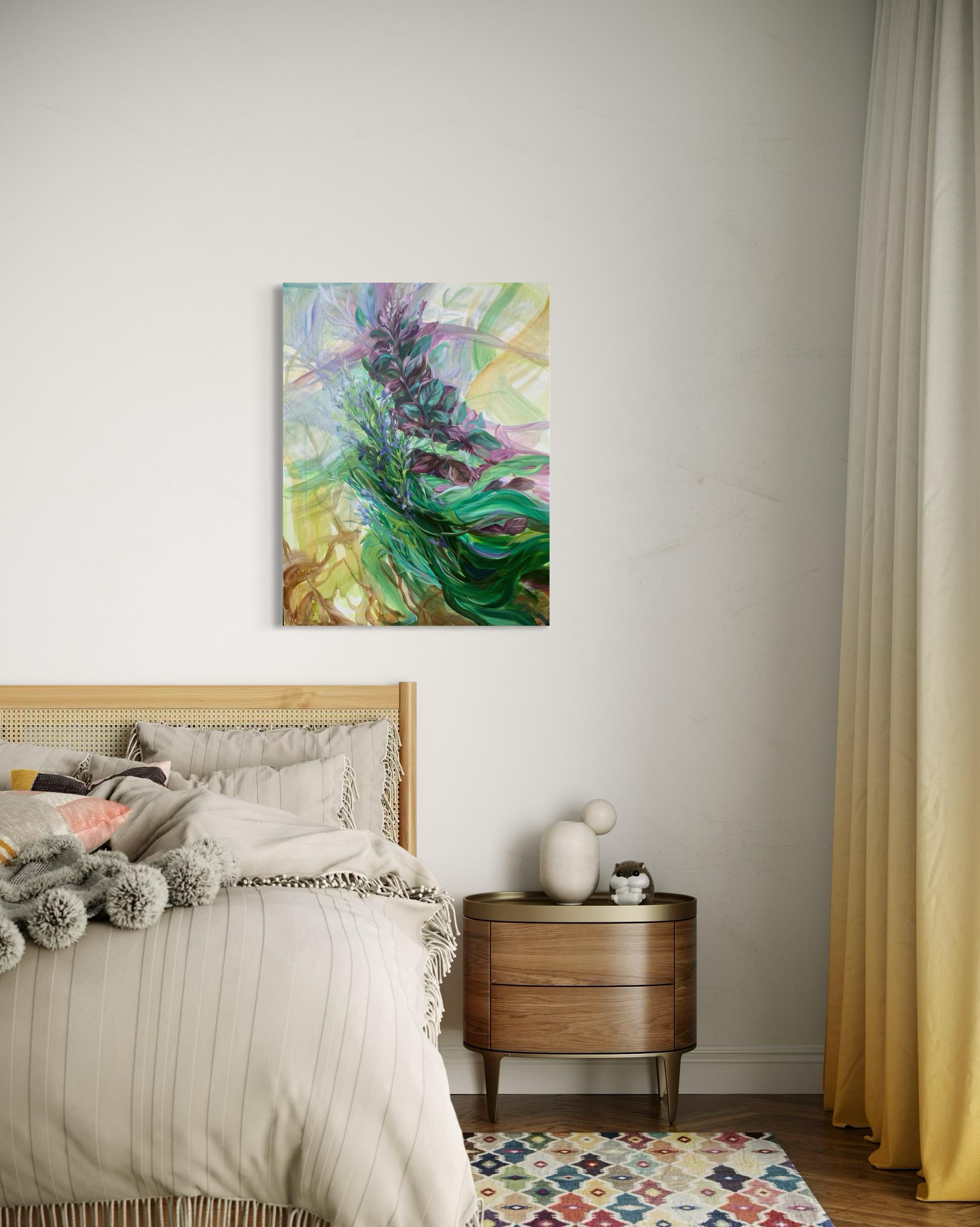 In the aroma  of Basil and Rosemary.  Foliage Original oil painting on canvas - Painting by Momalyu Liubov