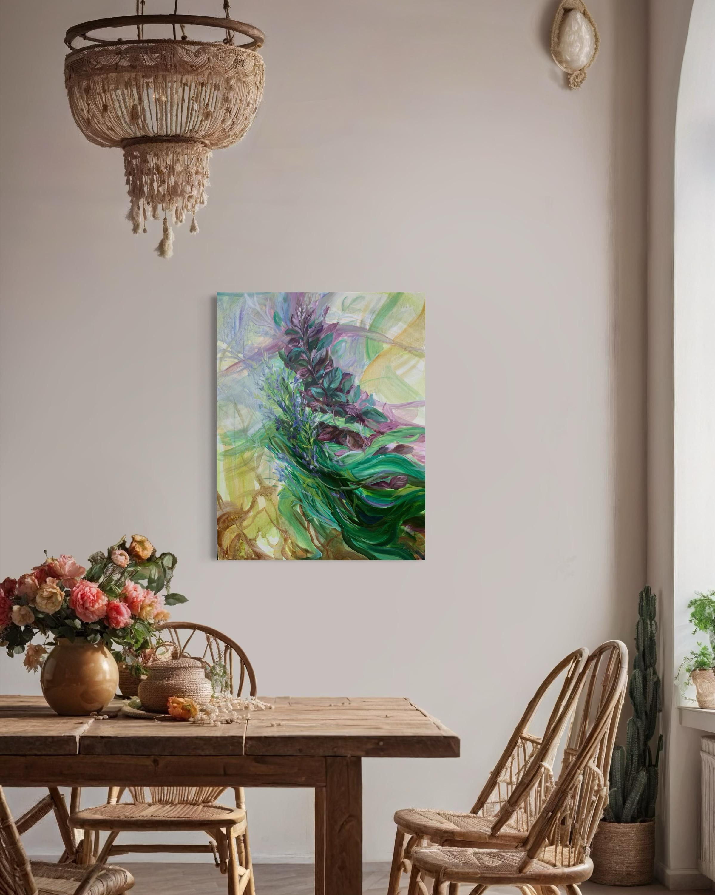 In the aroma  of Basil and Rosemary.  Foliage Original oil painting on canvas - Gray Landscape Painting by Momalyu Liubov