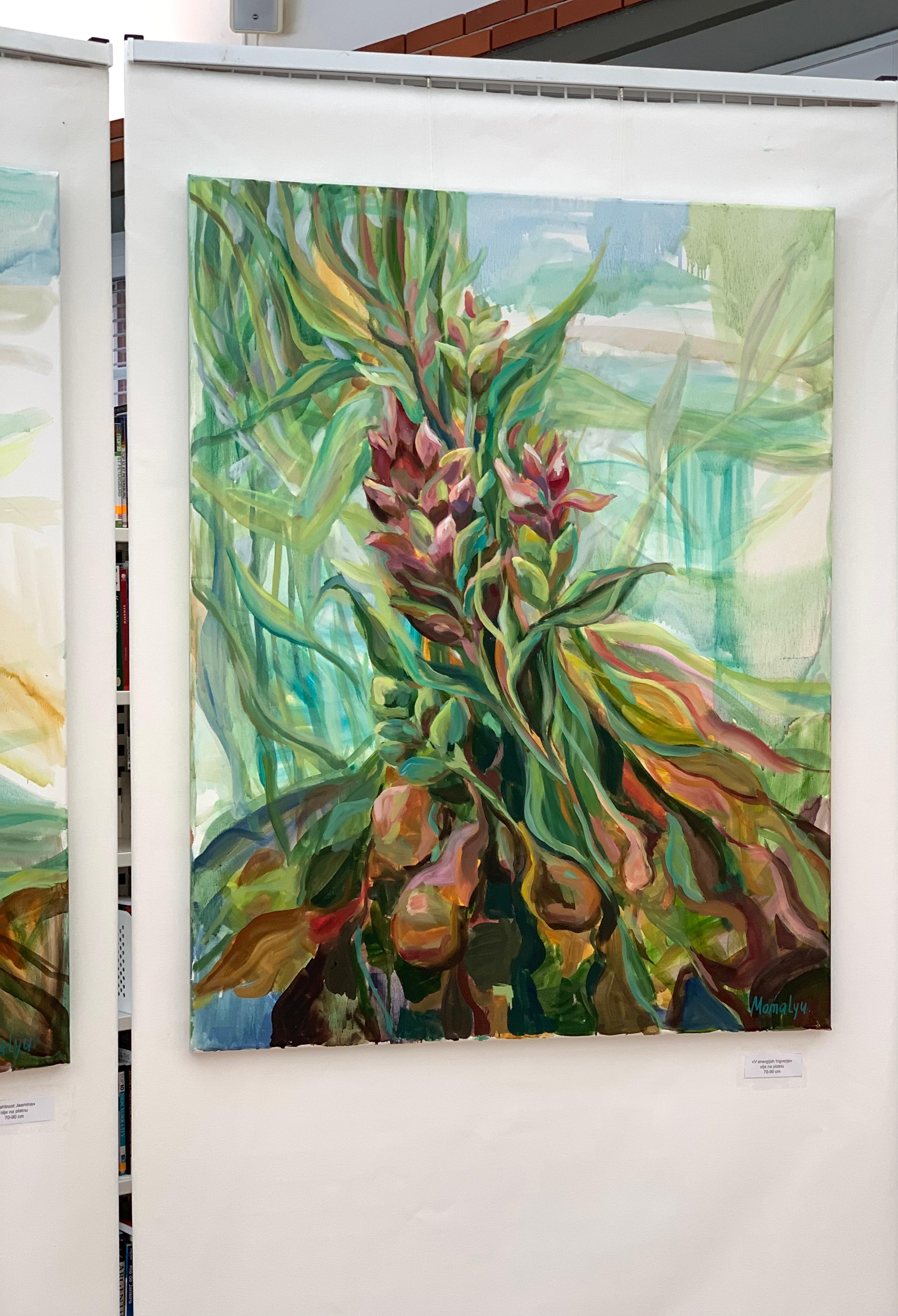 In der Energie von Ginger.  Foliage Original Ölgemälde auf Leinwand (Grau), Abstract Painting, von Momalyu Liubov
