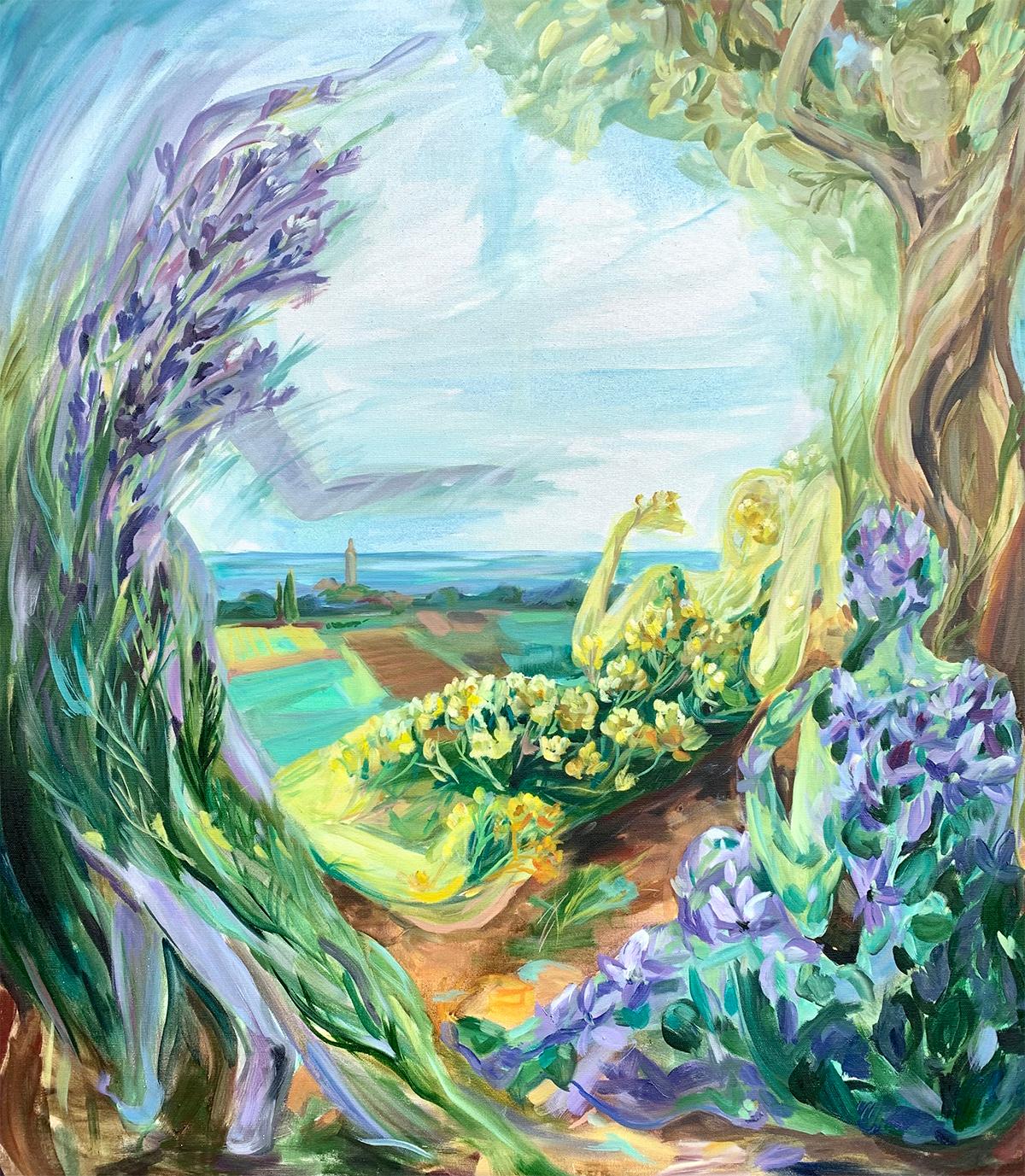 Landscape Painting Momalyu Liubov - "Les Fairies d'Istrie  La femme incarnée par les herbes. peinture à l'huile sur toile