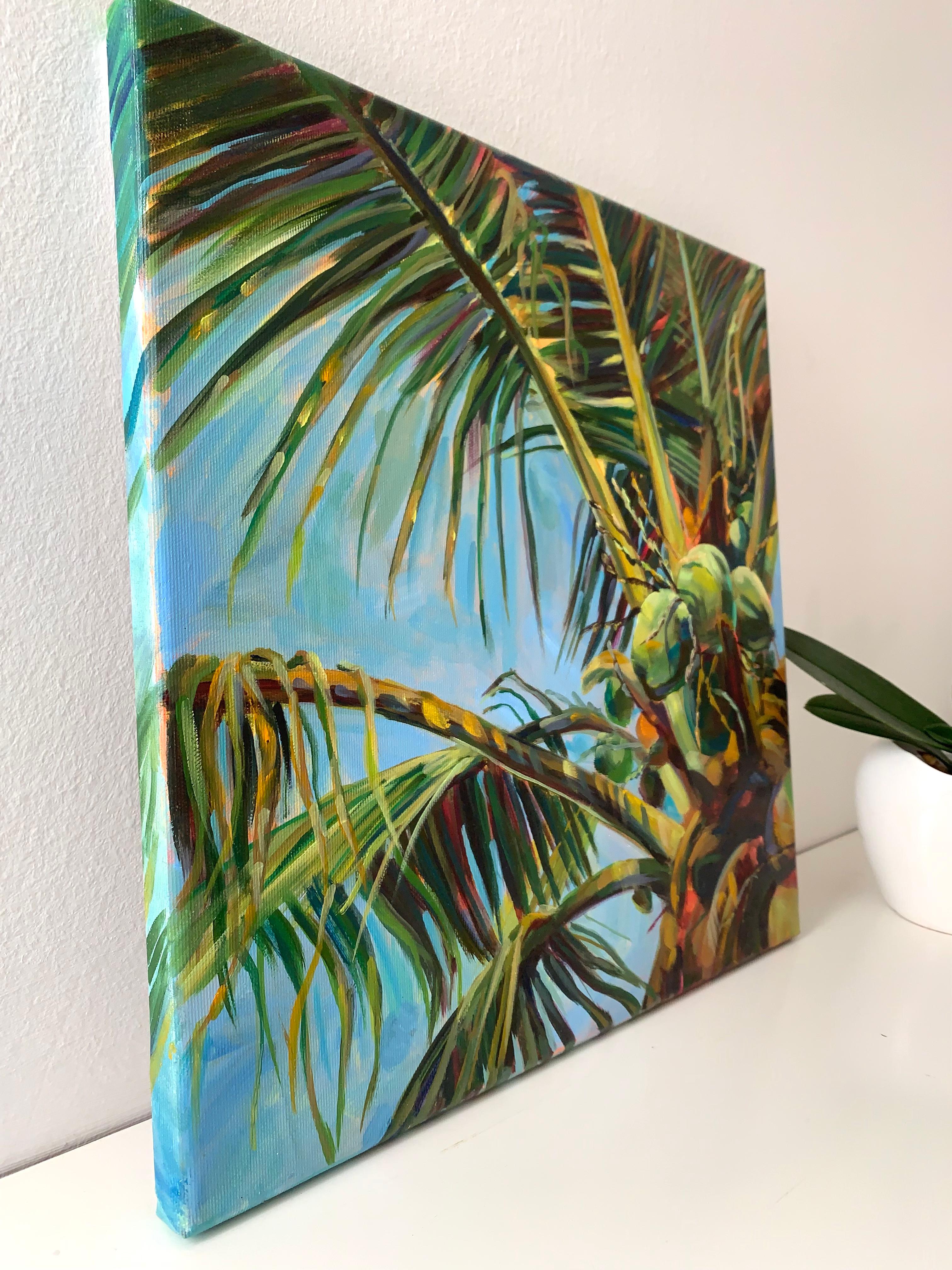 Jungle splendor . Original oil painting. leaves of palms - Coastal vibes - Impressionist Painting by Momalyu Liubov
