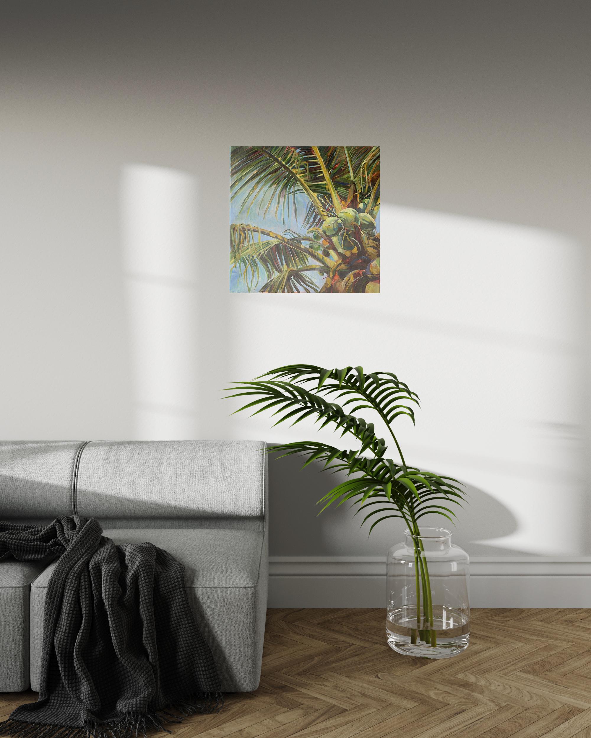 Original oil painting with positive mood. This painting was inspired by nature of tropical garden in sunny days. 
Bright illumination from the sun on a coconut tree, palm trees evoke memories of a vacation in the tropics. Every plant is especially