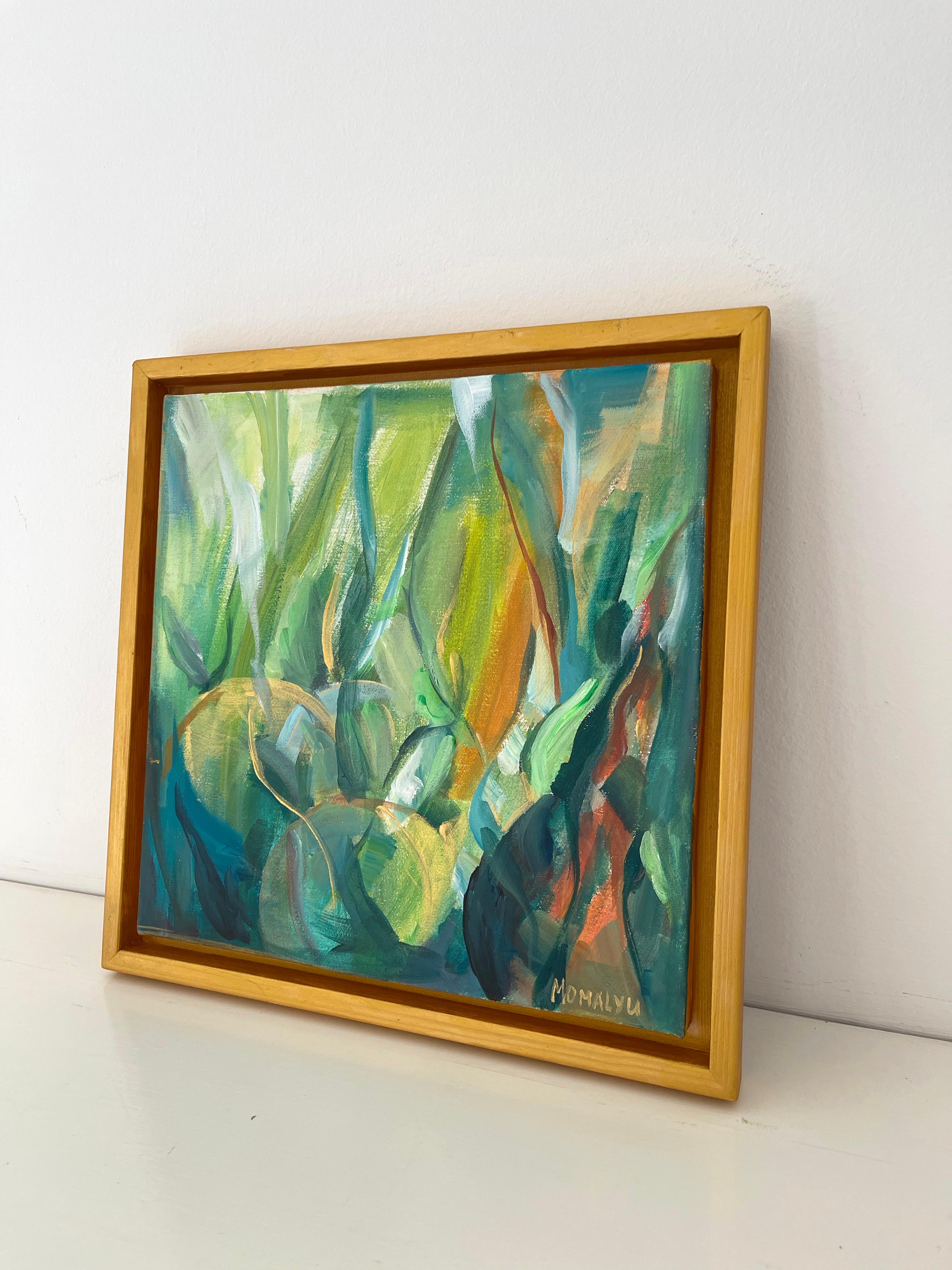 Nature’s Flow. Abstract square painting in the wood gold frame - Painting by Momalyu Liubov