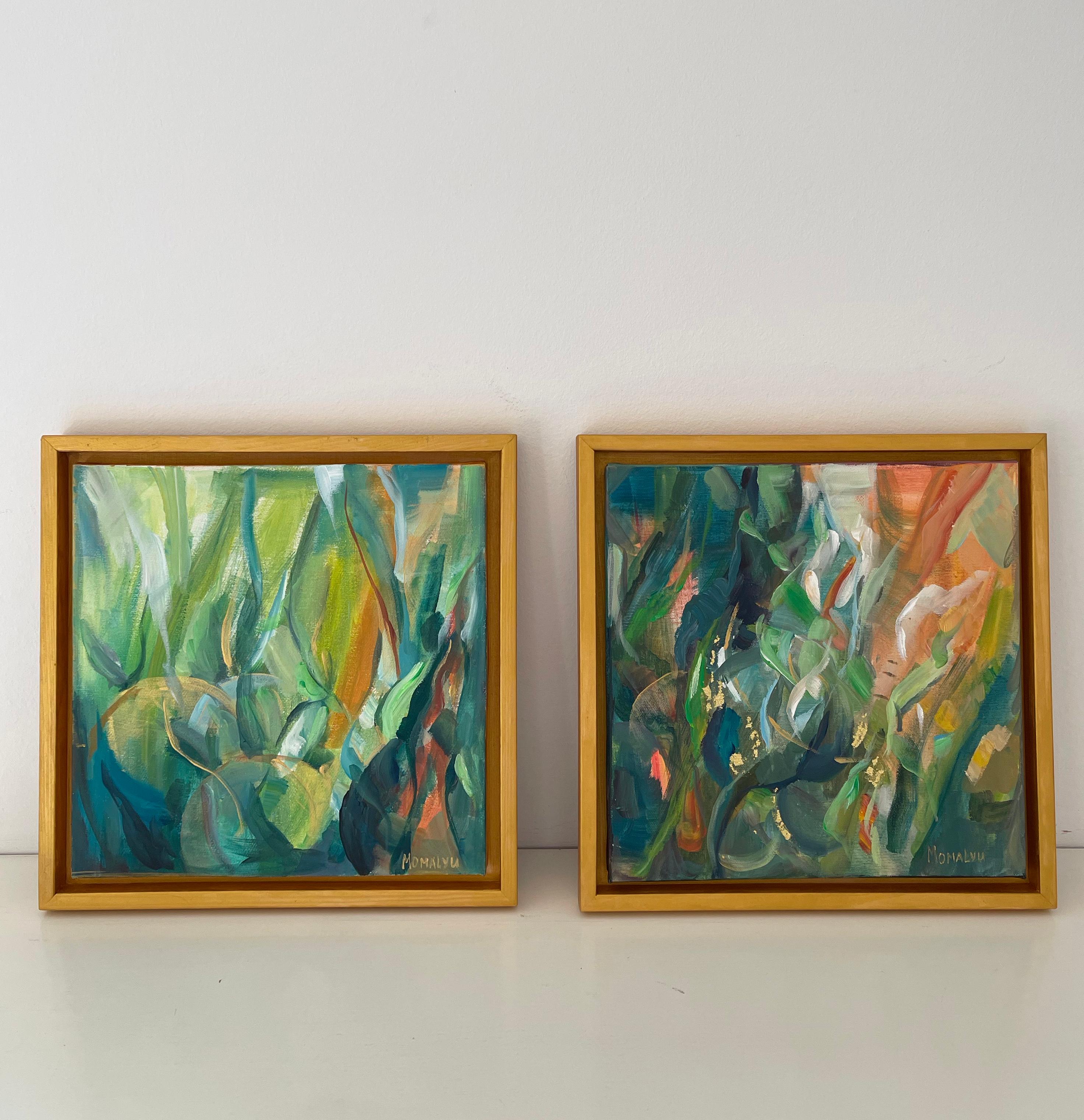 Nature’s Flow. Abstract square painting in the wood gold frame - Brown Abstract Painting by Momalyu Liubov
