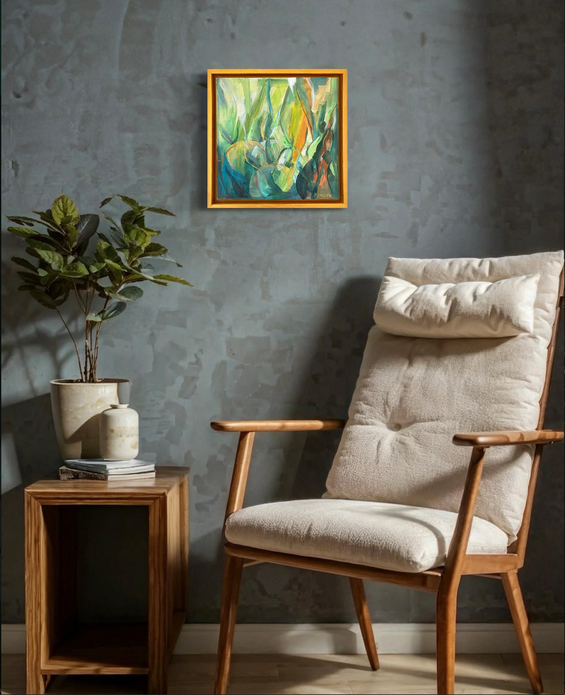 Nature’s Flow. Abstract square painting in the wood gold frame For Sale 1